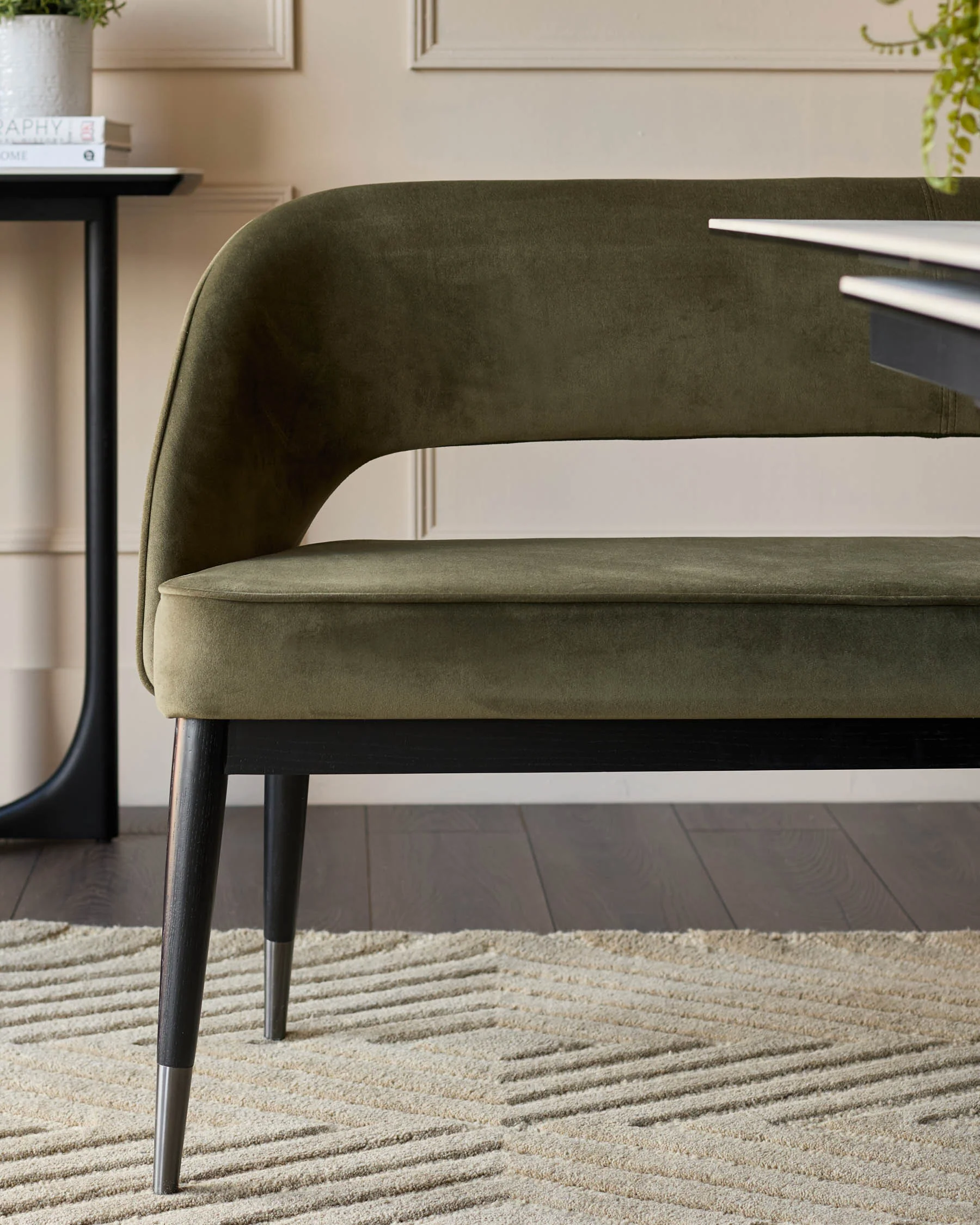 Clover olive green velvet dining bench with backrest - Image 3