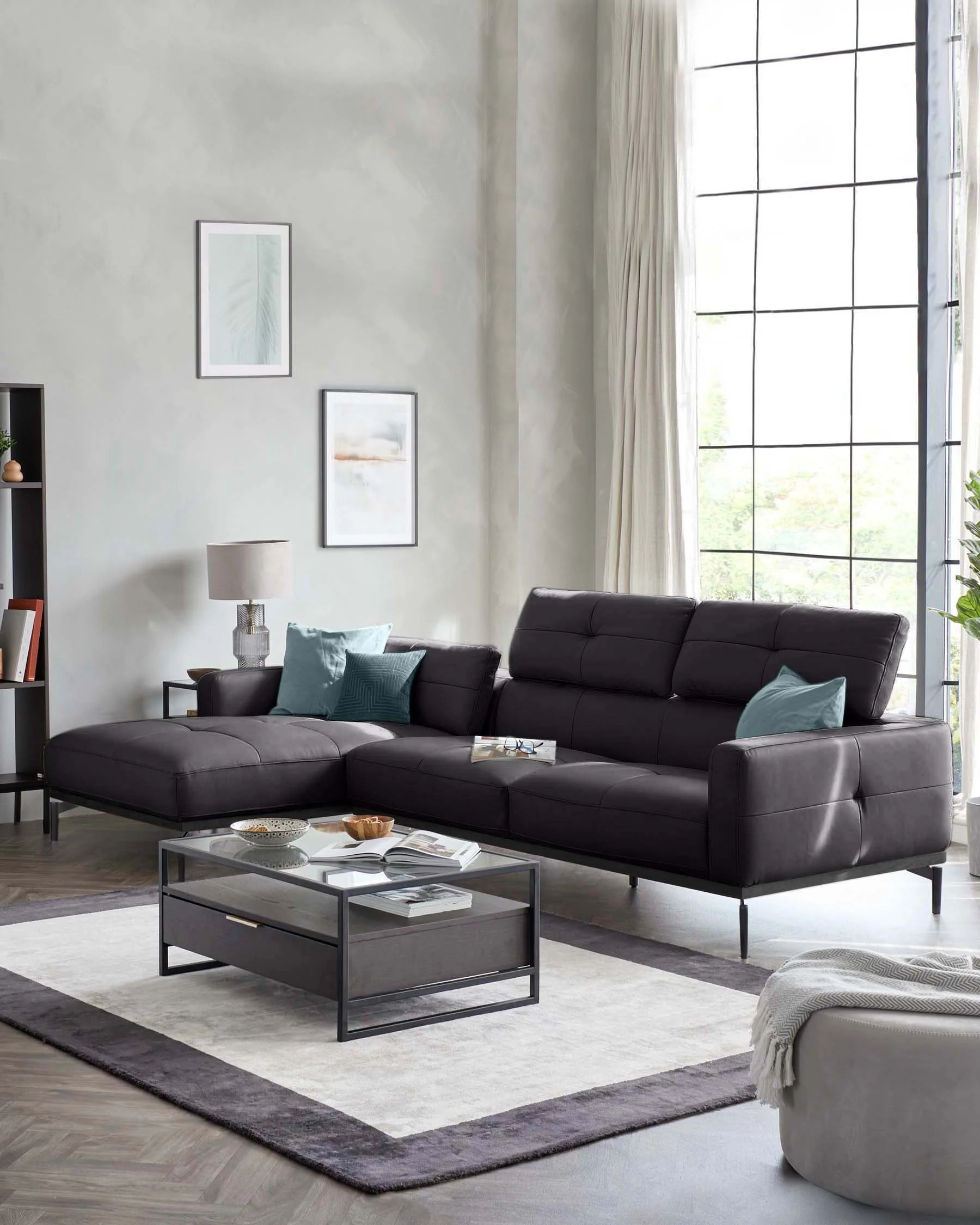 Colton black leather left hand corner chaise sofa - Image 4