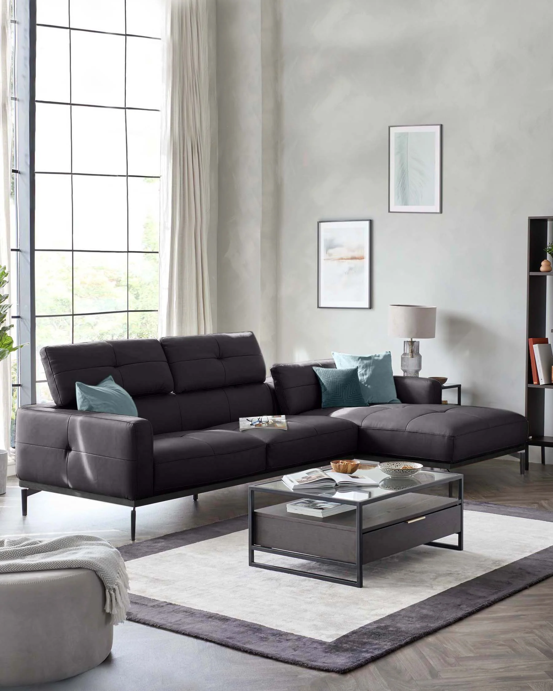 Colton black leather right hand corner chaise sofa - Image 3