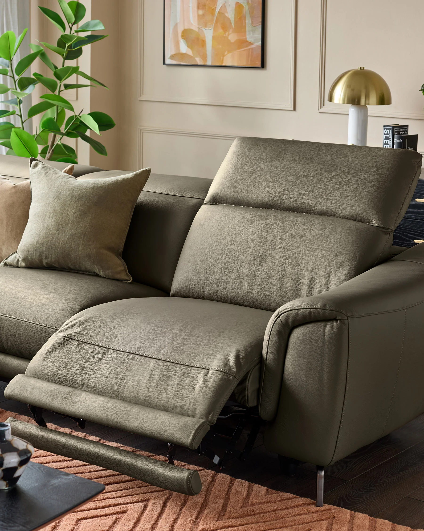 Connor olive green recliner leather left hand corner sofa - Image 5