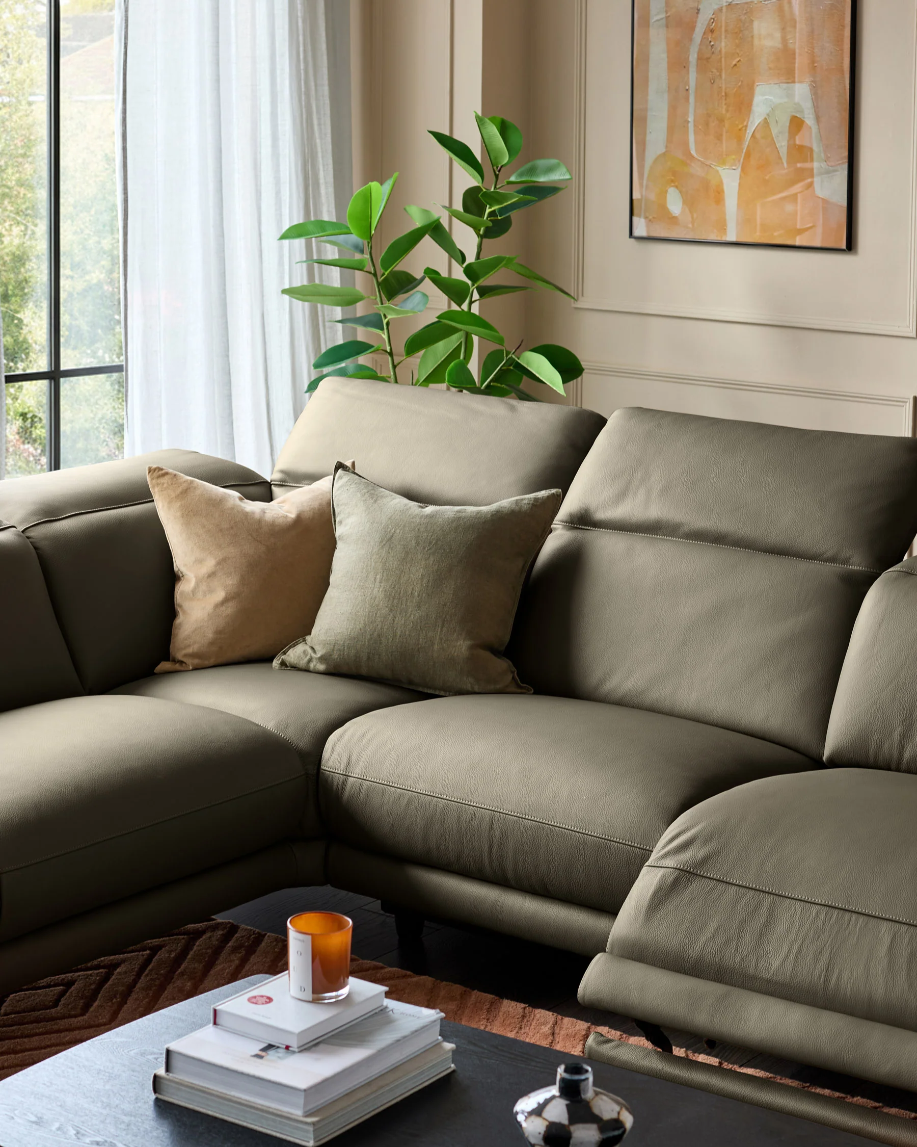 Connor olive green recliner leather left hand corner sofa - Image 7