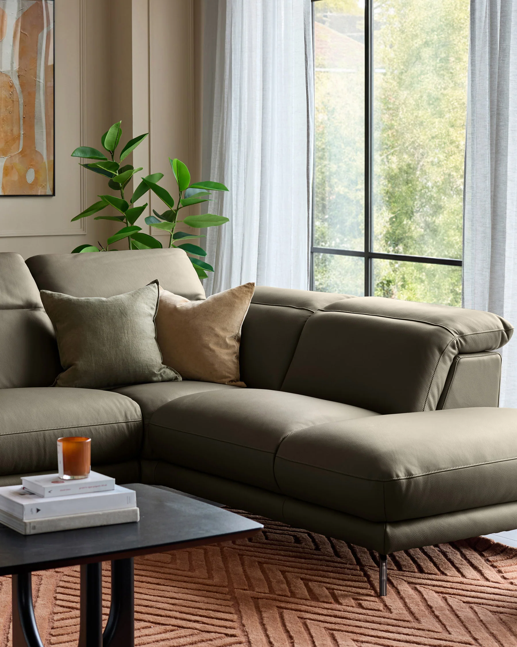 Connor olive green leather recliner right hand corner chaise sofa - Image 10