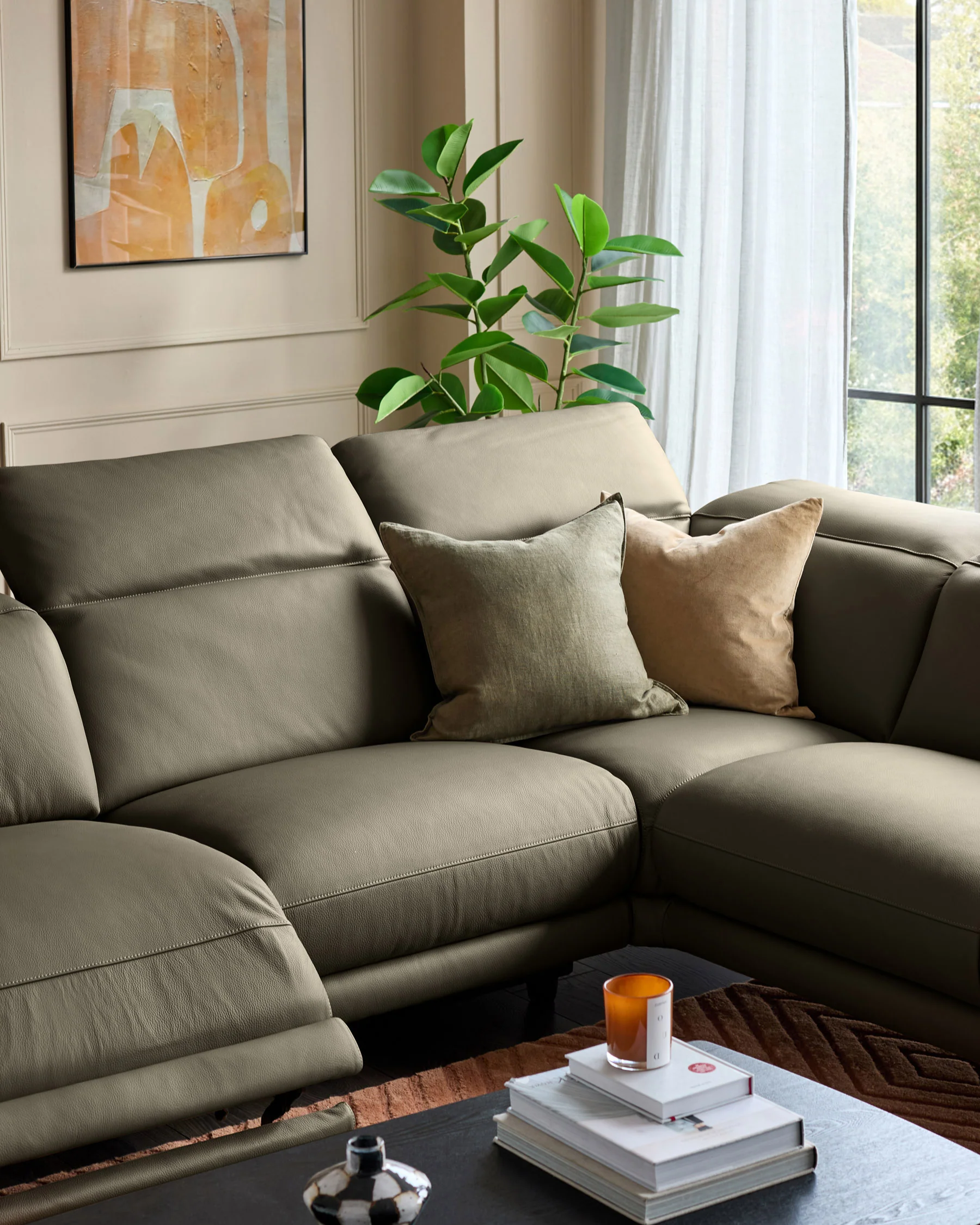 Connor olive green leather recliner right hand corner chaise sofa - Image 8
