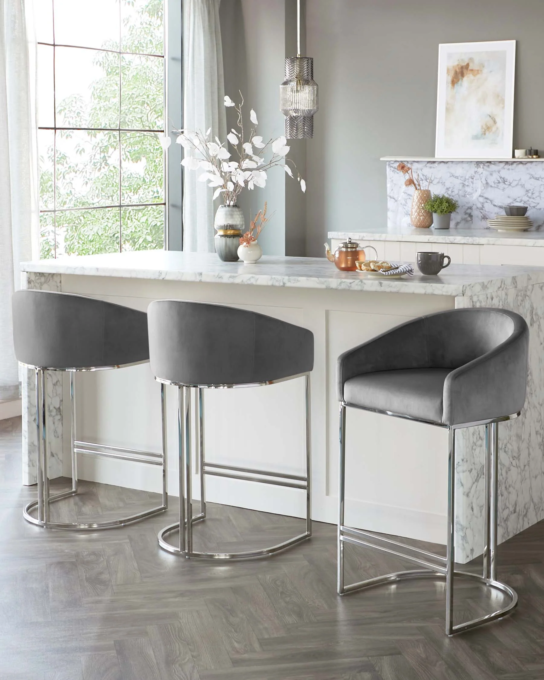 Dakota Dark Grey Velvet and Stainless Steel Bar Stool - Image 7