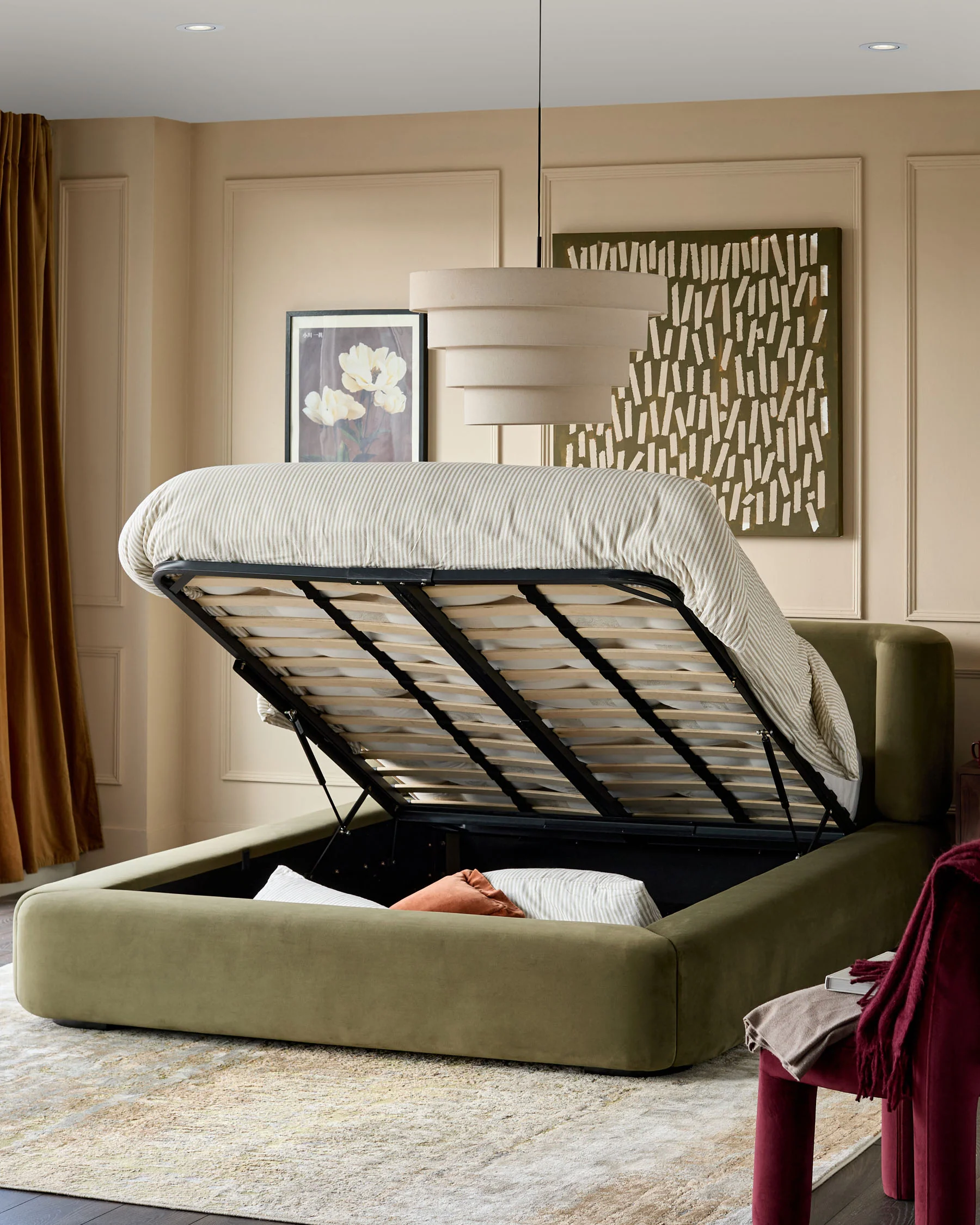 Darla olive green velvet king size ottoman storage bed - Image 3