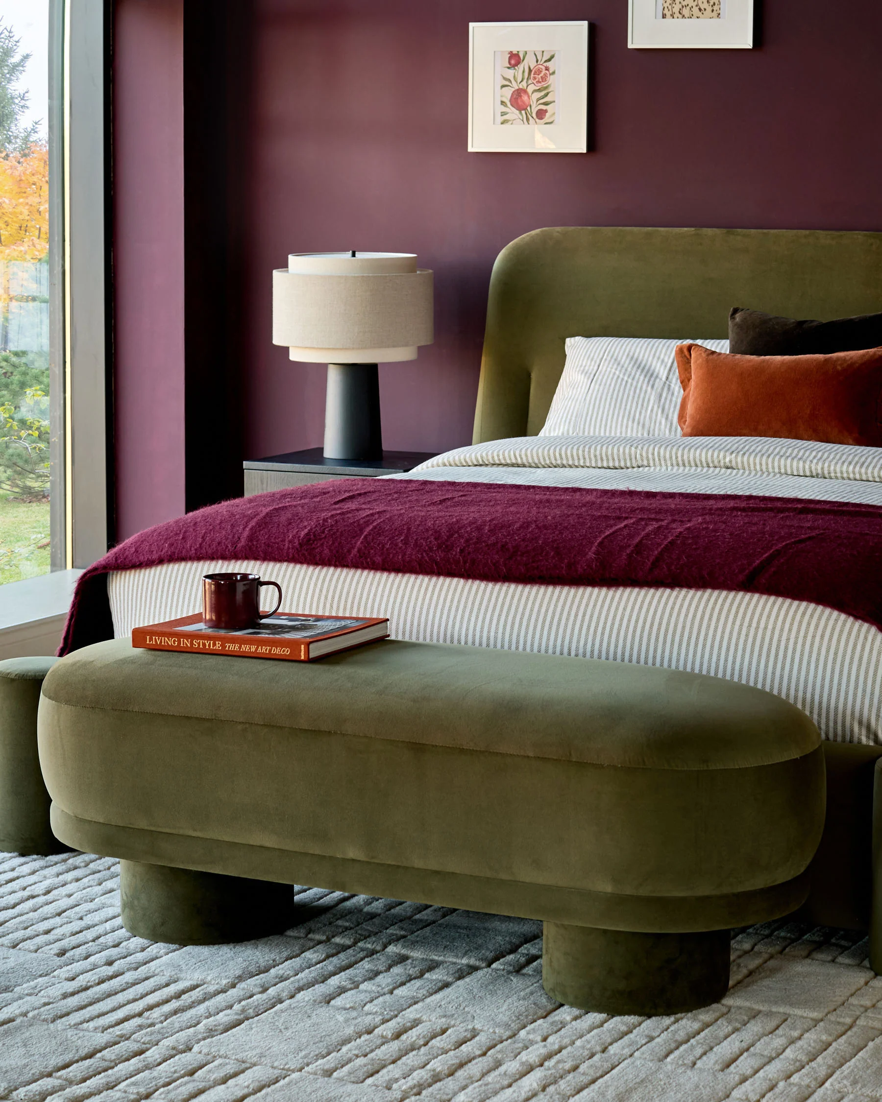Deven olive green velvet bench