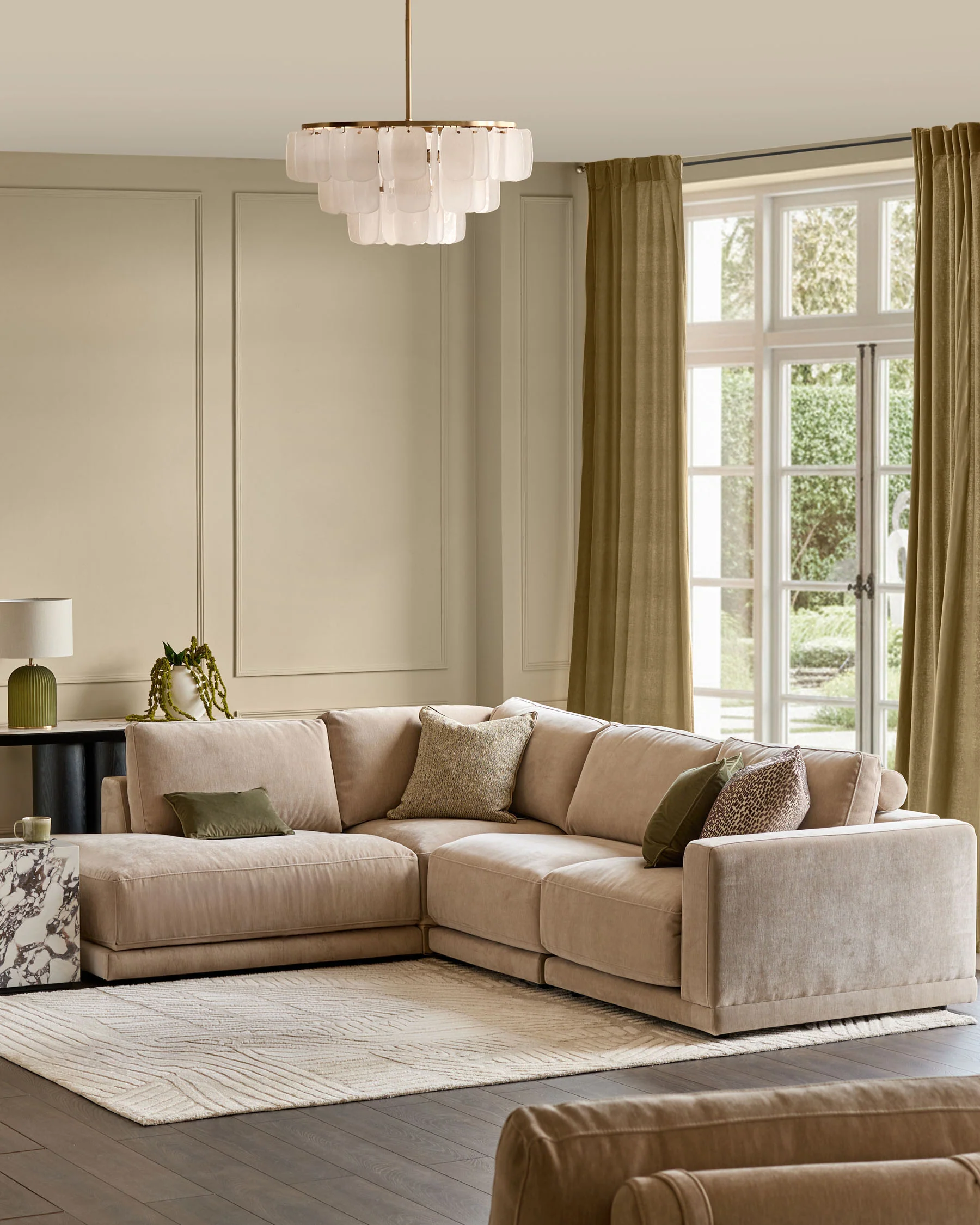Eden champagne chenille left hand large chaise sofa