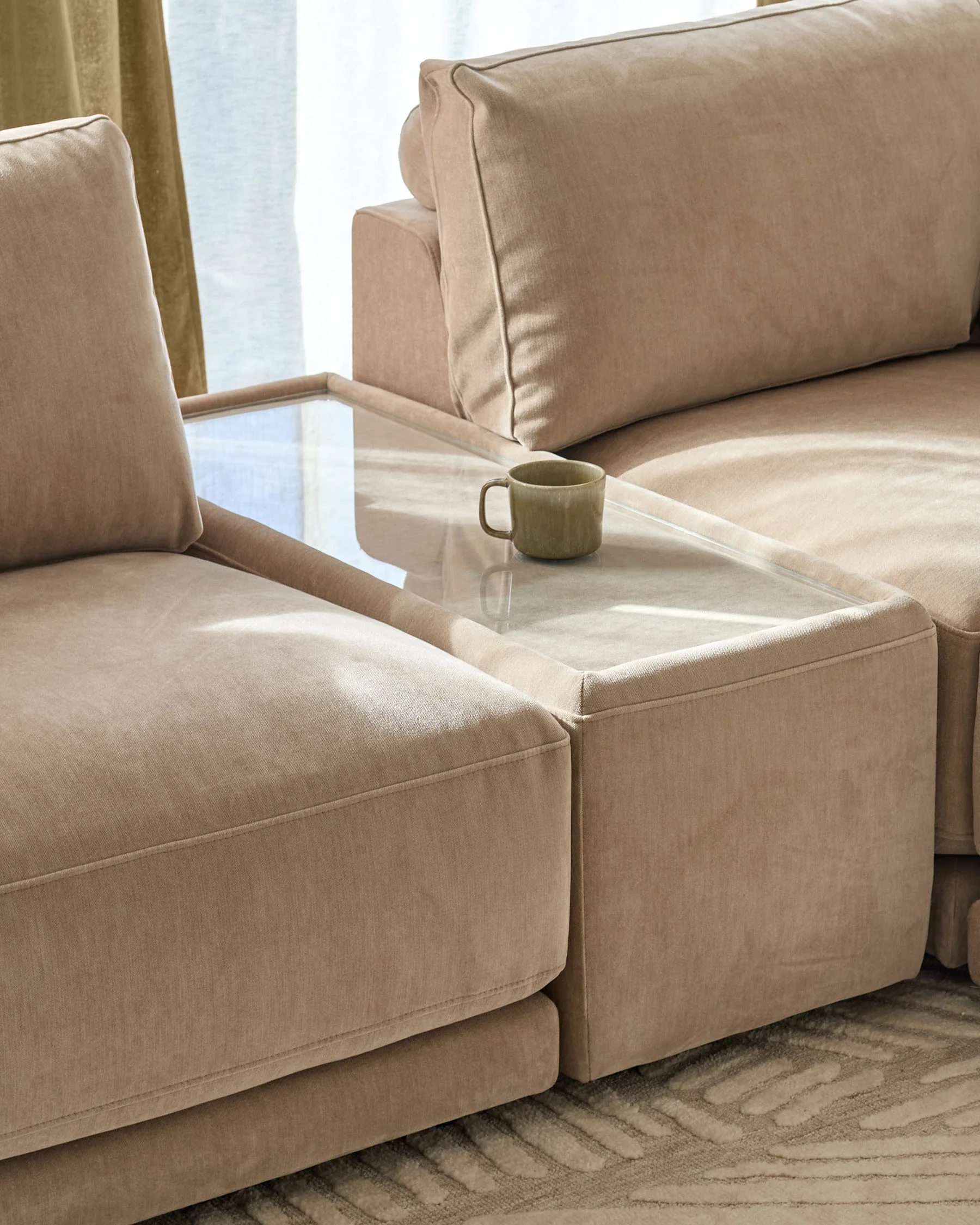 Eden champagne chenille and glass top side table - Image 3