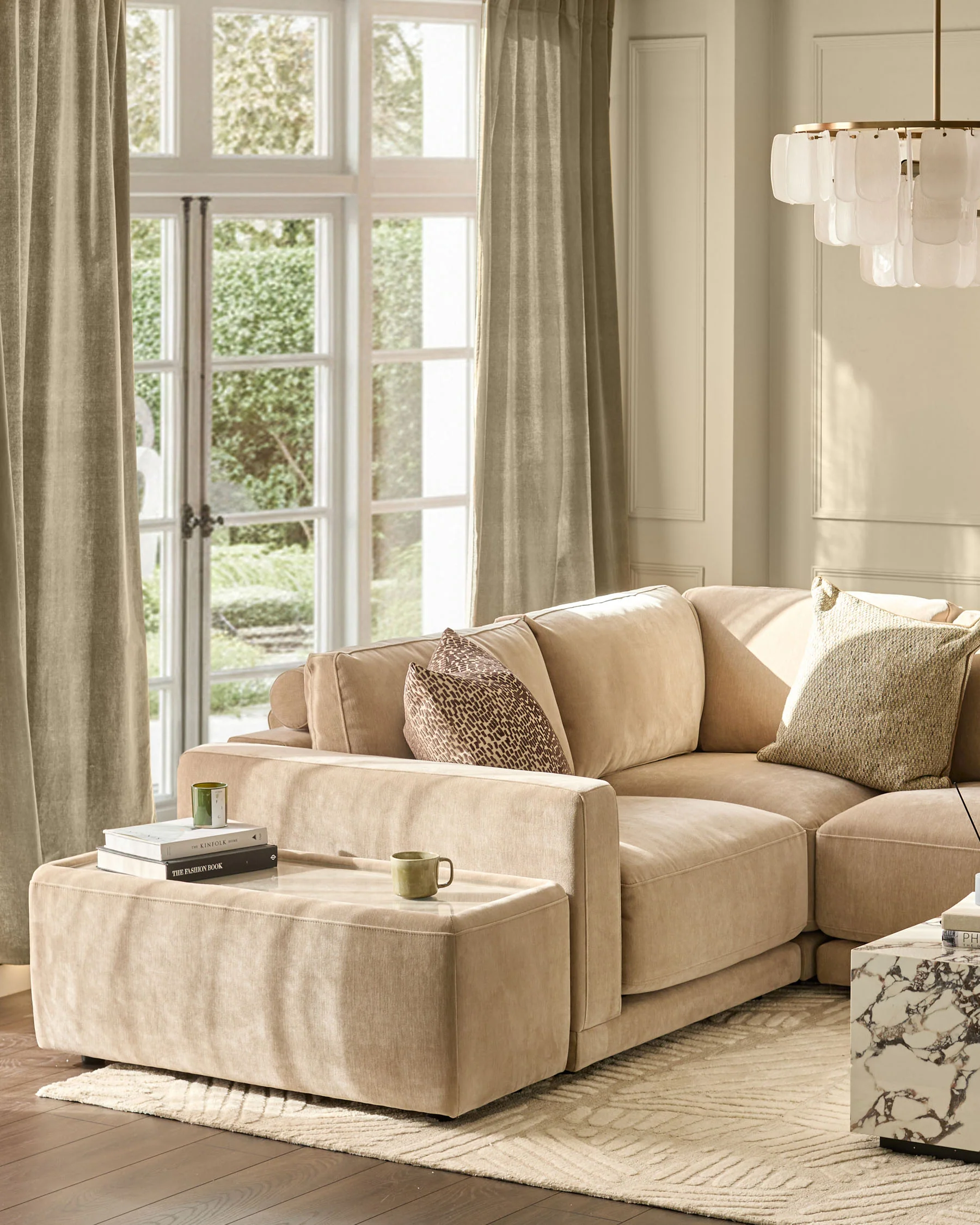 Eden champagne chenille and glass top side table - Image 4