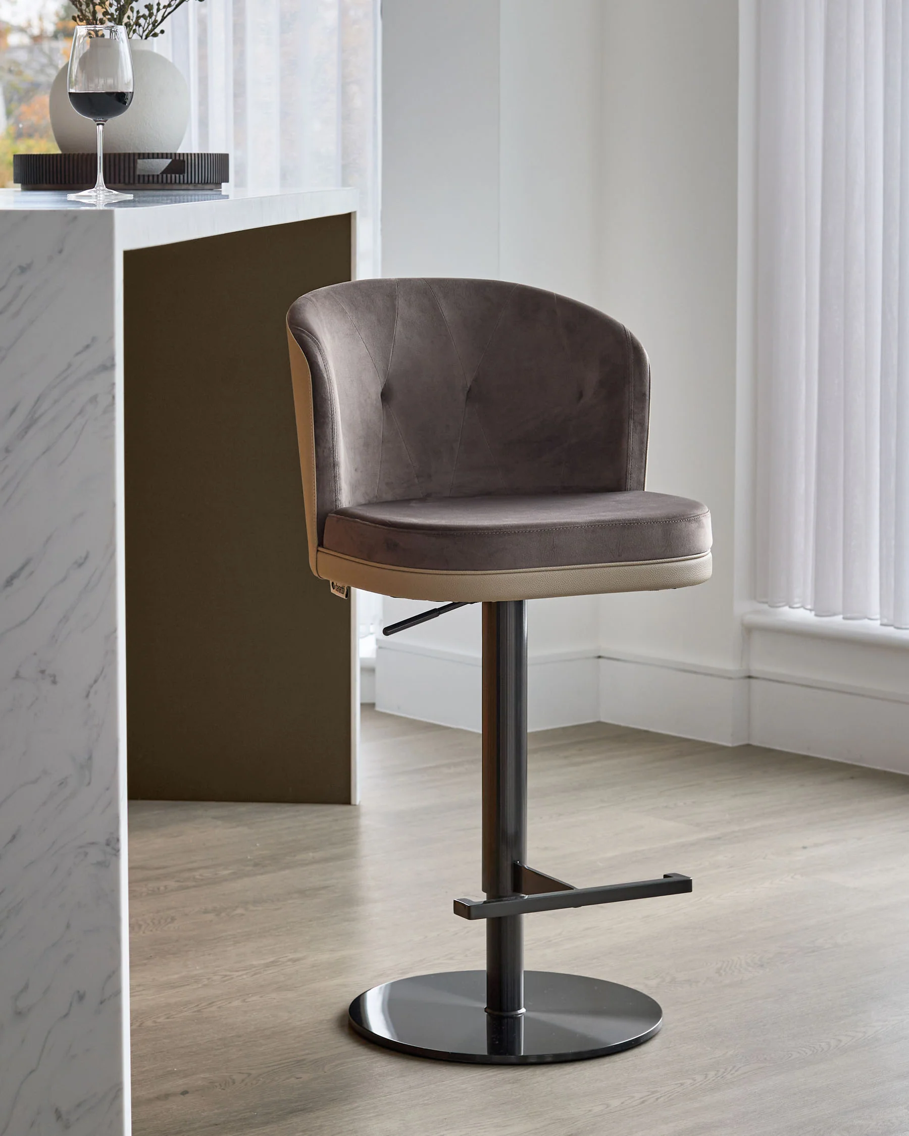 Elodie natural faux leather and mocha velvet gas lift bar stool - Image 3