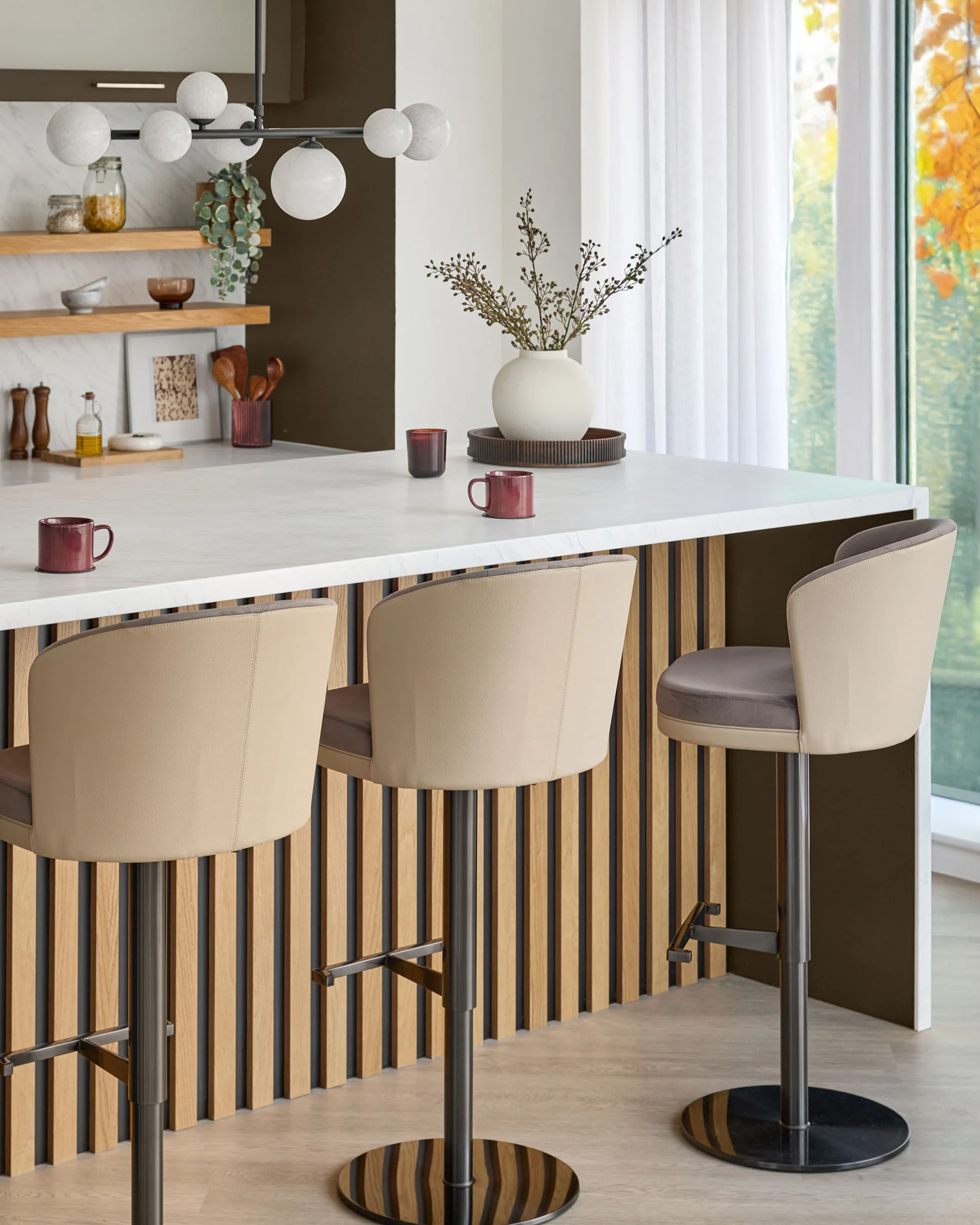 Elodie natural faux leather and mocha velvet gas lift bar stool - Image 4