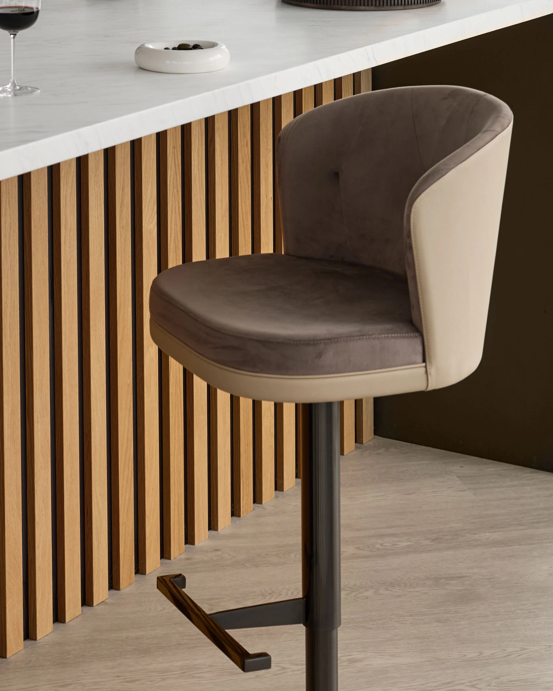 Elodie natural faux leather and mocha velvet gas lift bar stool - Image 7