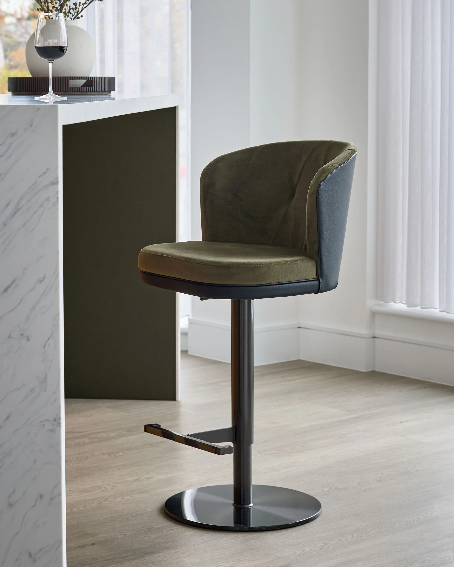 Elodie olive green velvet and black faux leather gas lift bar stool - Image 2