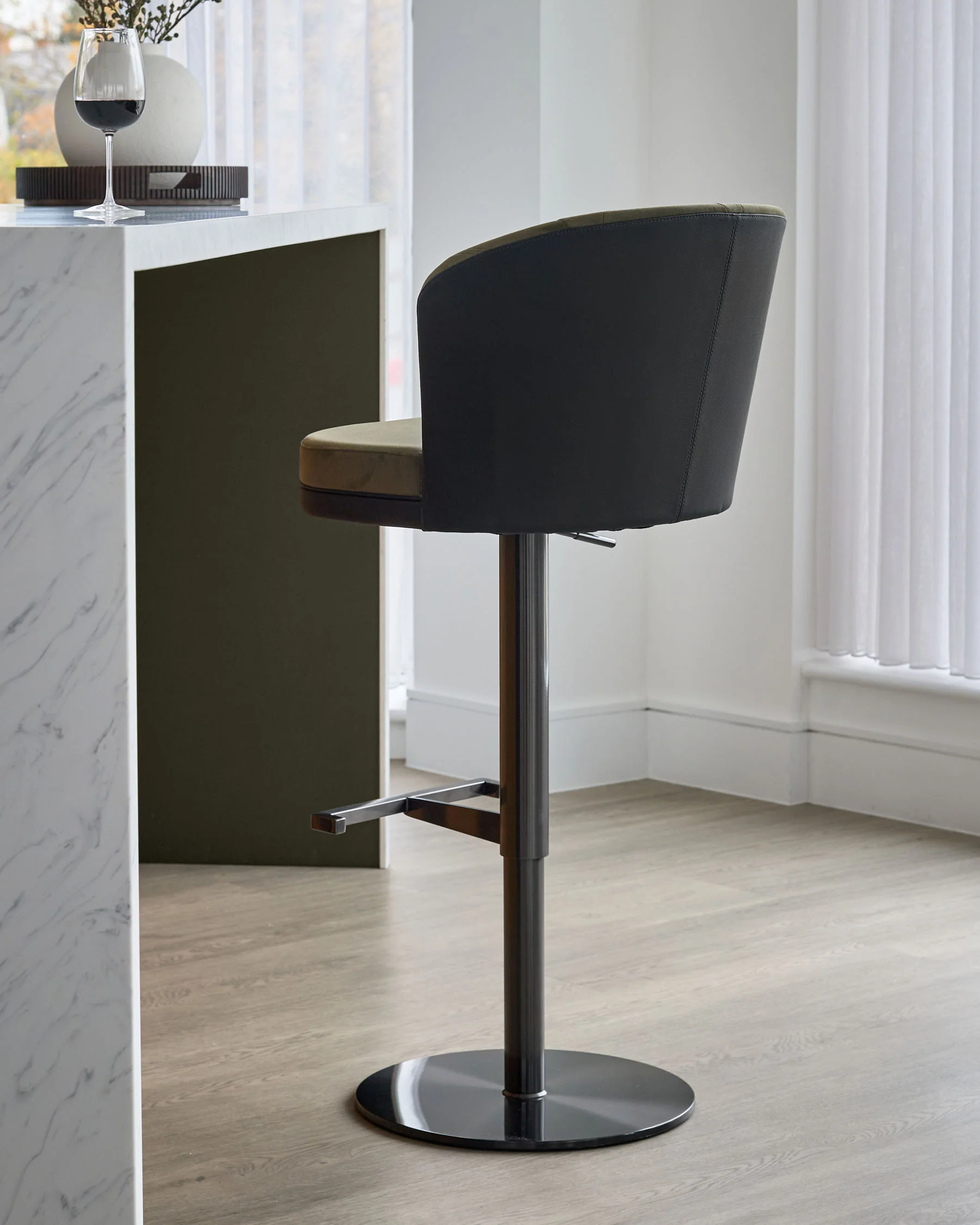 Elodie olive green velvet and black faux leather gas lift bar stool - Image 4