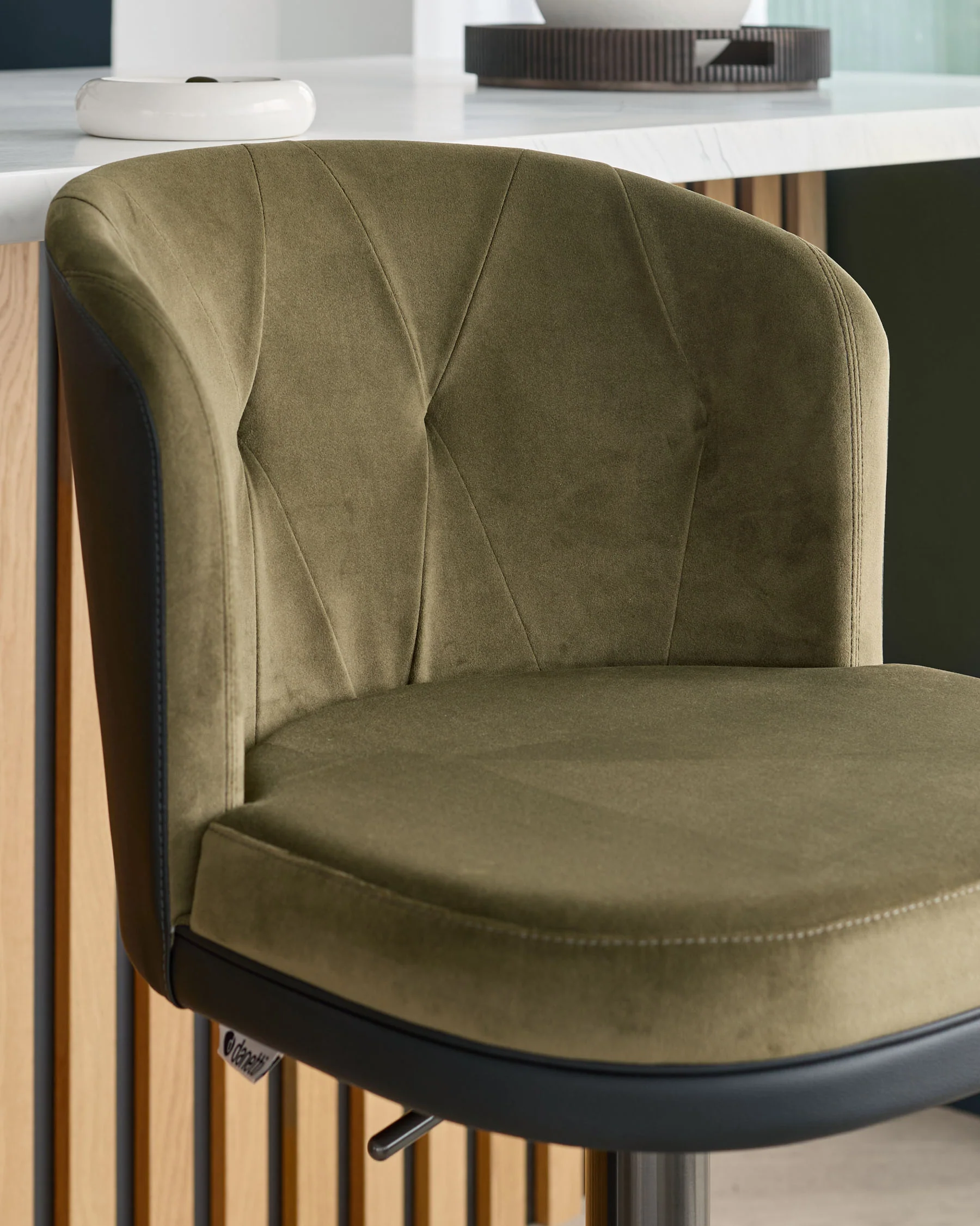 Elodie olive green velvet and black faux leather gas lift bar stool - Image 6