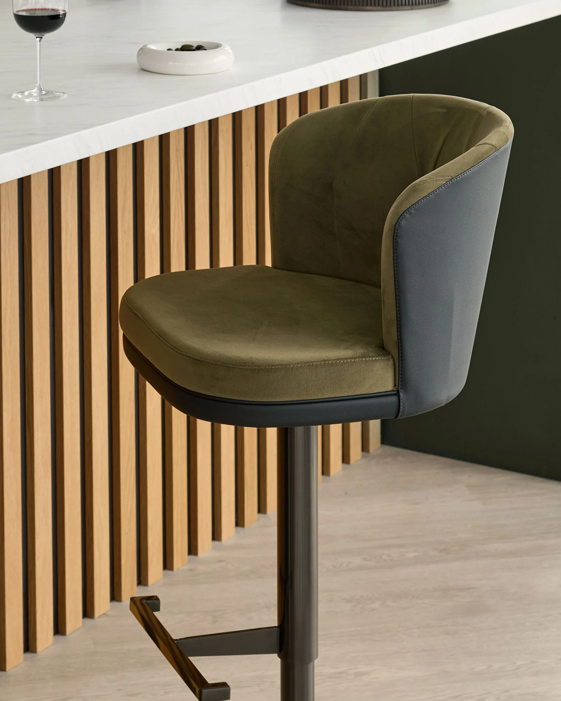 Elodie olive green velvet and black faux leather gas lift bar stool - Image 7