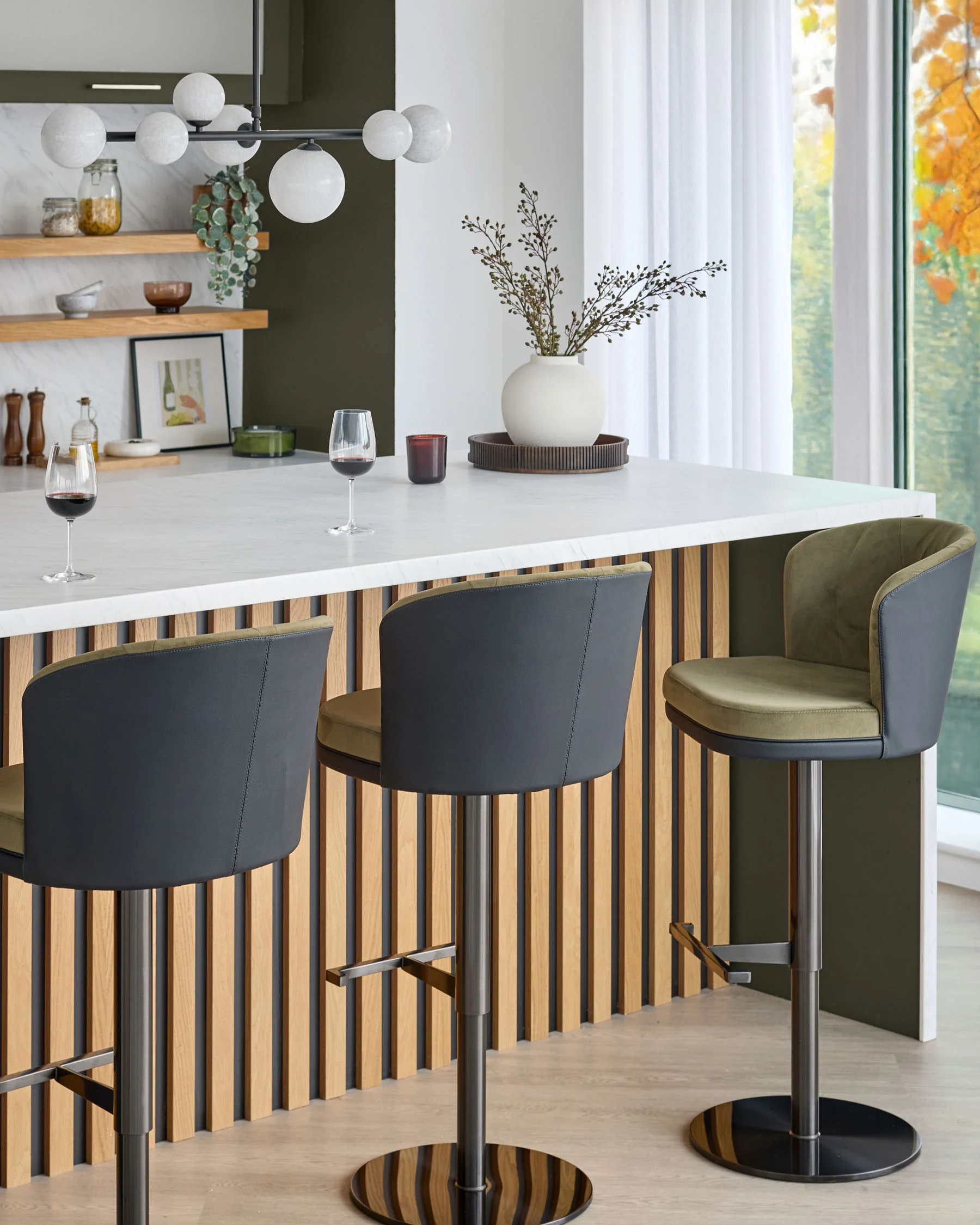 Elodie olive green velvet and black faux leather gas lift bar stool - Image 8