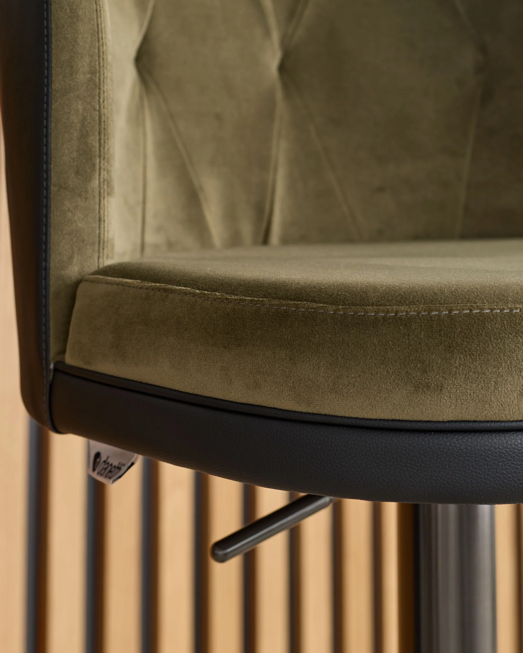 Elodie olive green velvet and black faux leather gas lift bar stool - Image 9