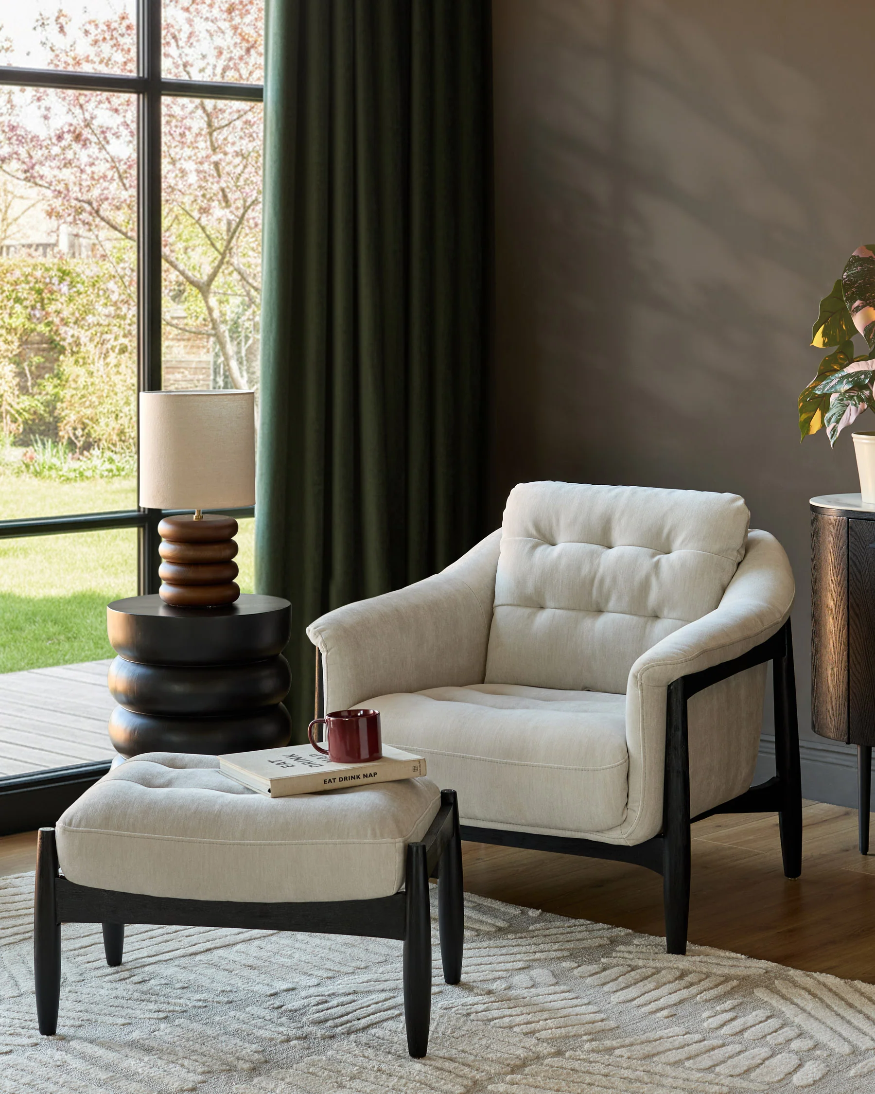 Ember natural grey fabric occasional chair with footstool