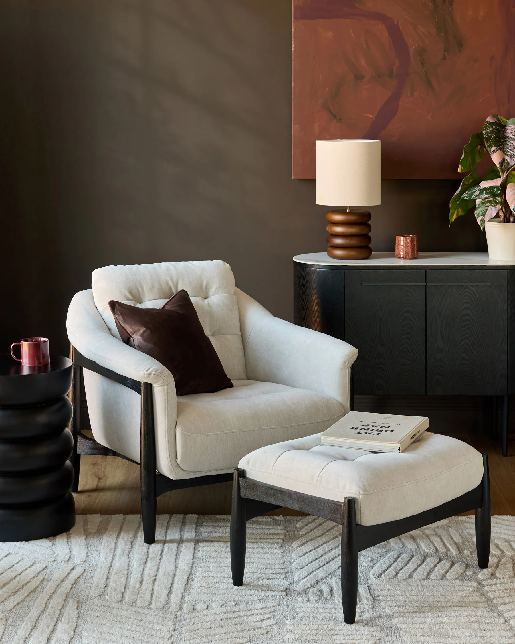 Ember natural grey fabric occasional chair with footstool - Image 2