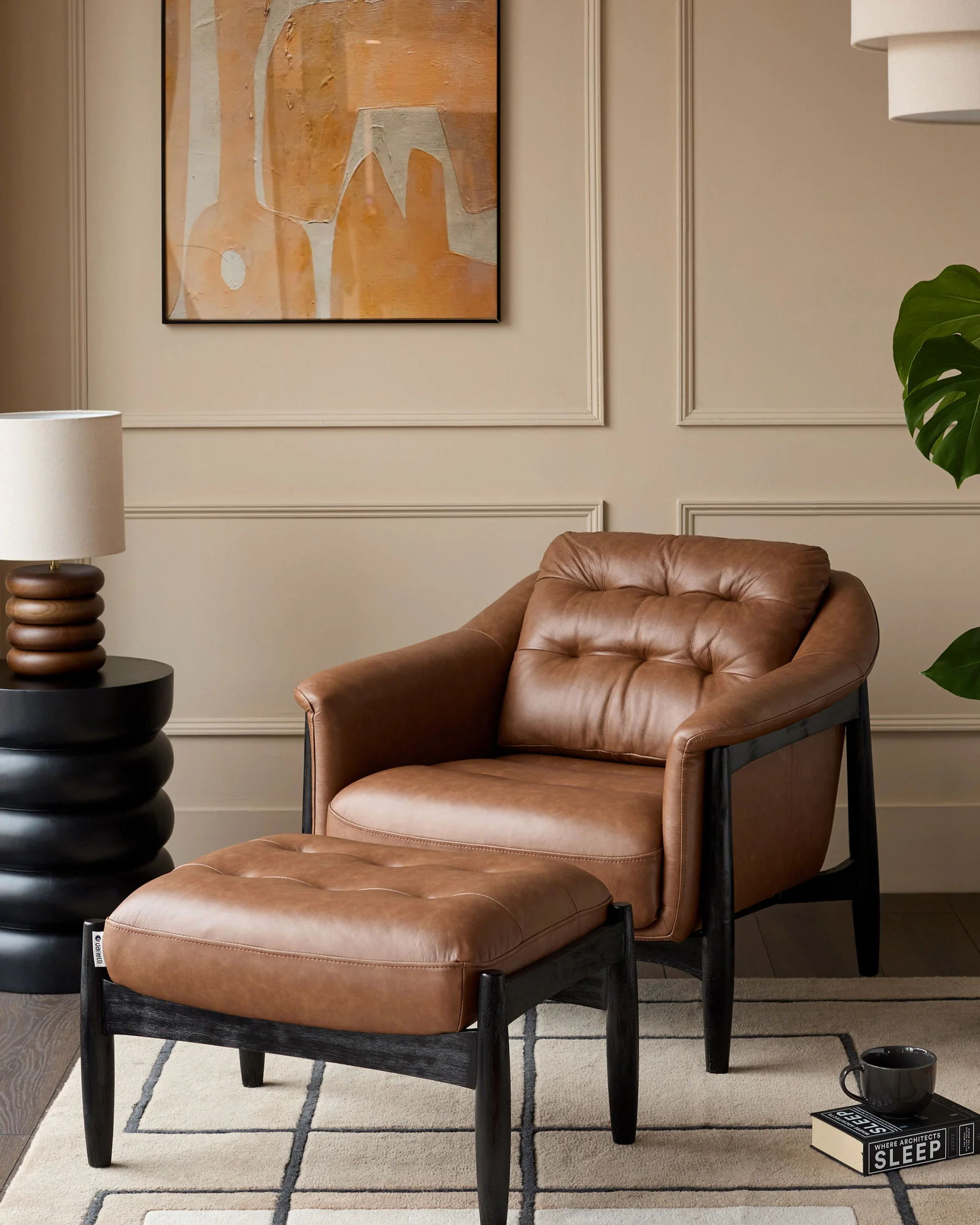Ember tan leather occasional chair with footstool - Image 2