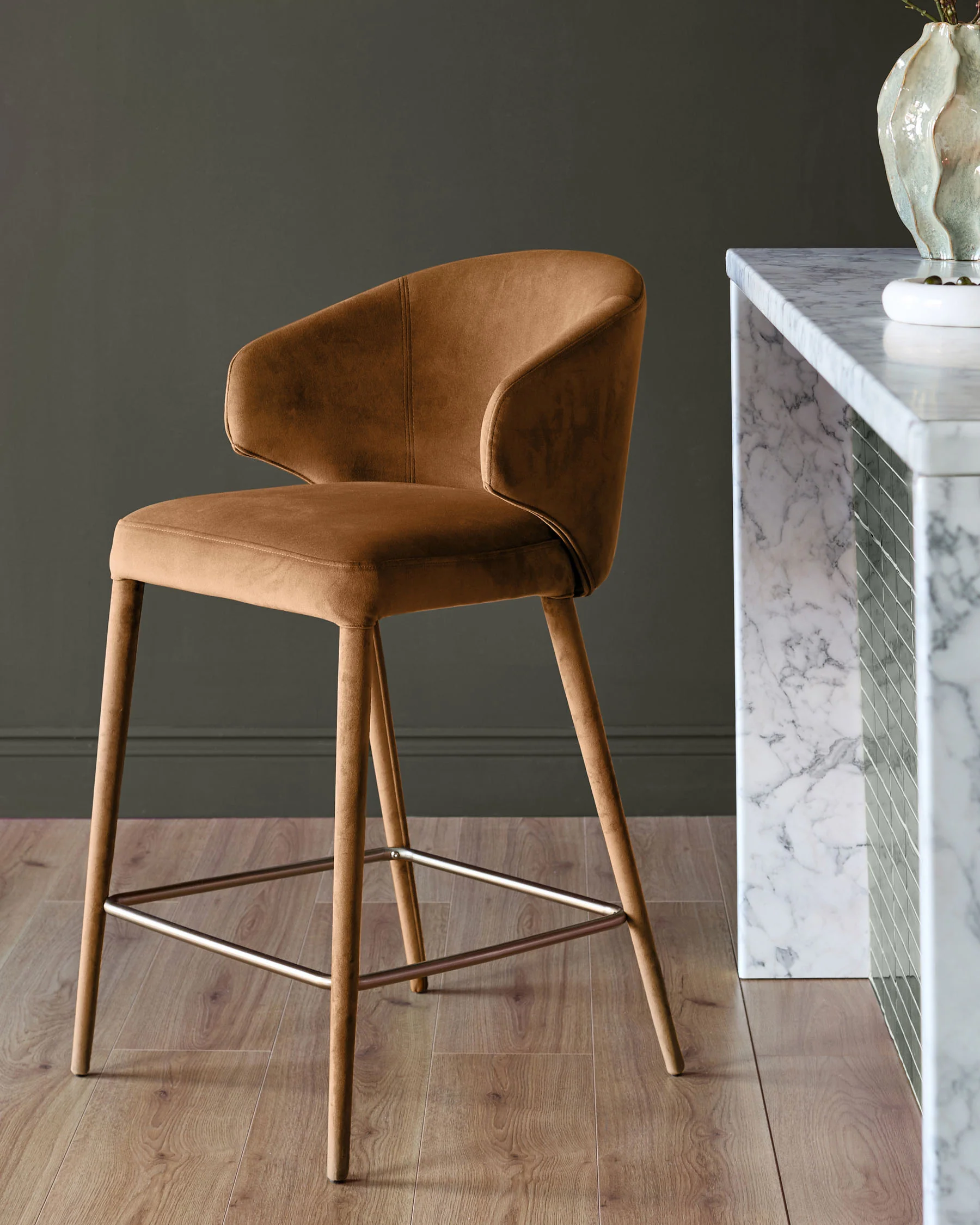 Ethan caramel fabric brushed bronze bar stool