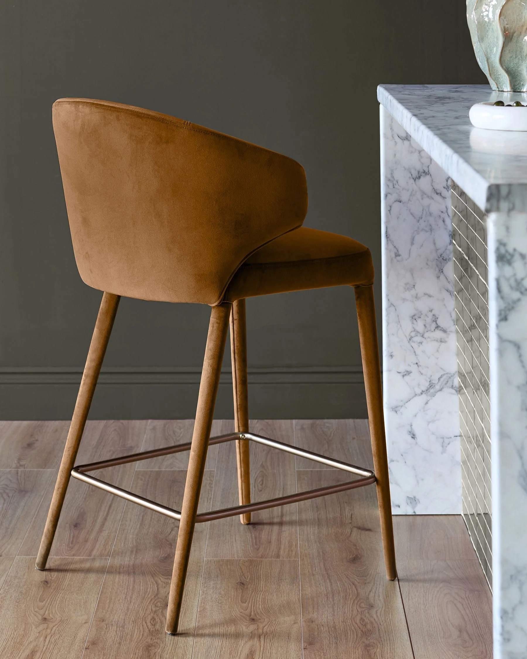 Ethan caramel fabric brushed bronze bar stool - Image 3