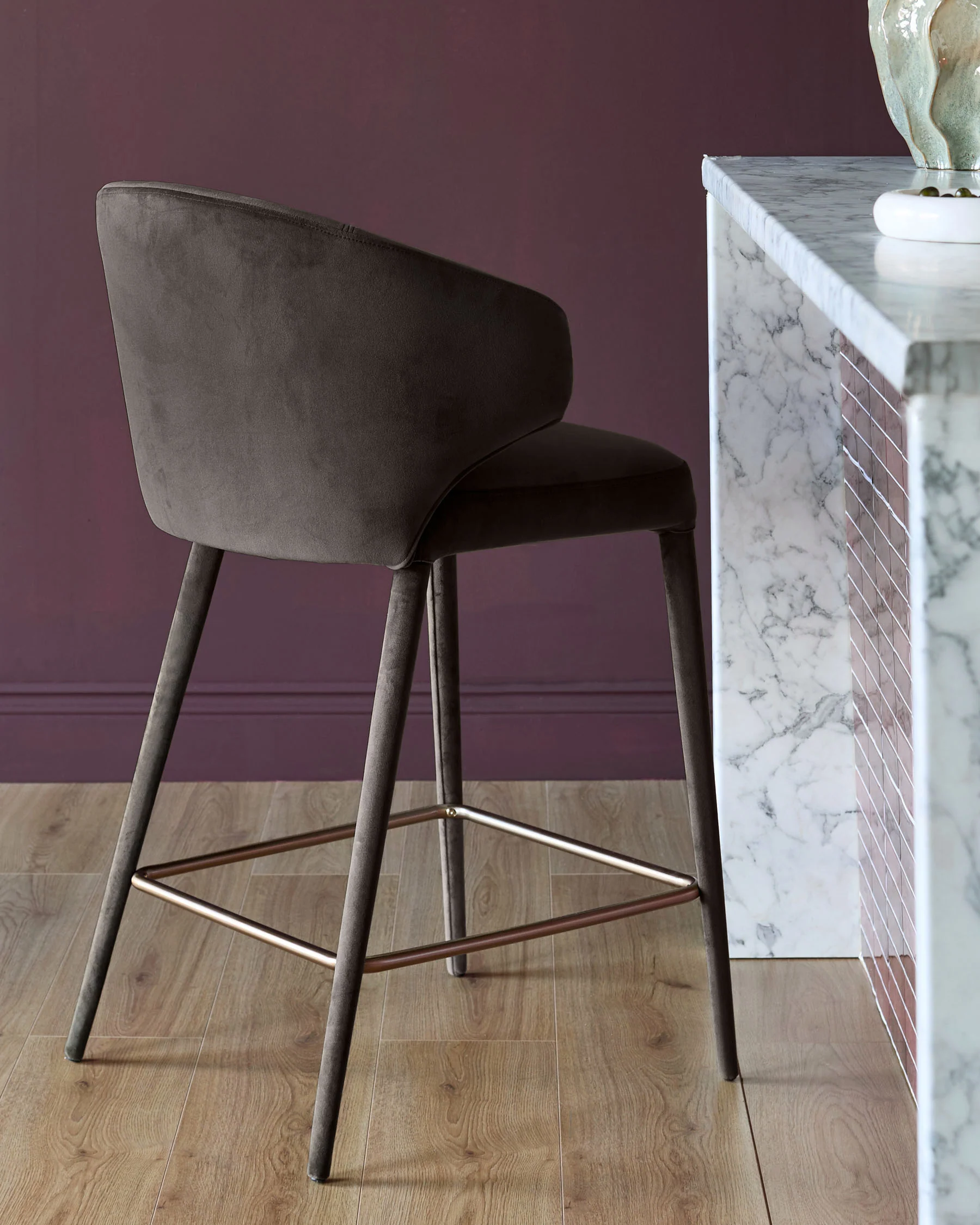 Ethan dark chocolate velvet brushed bronze bar stool - Image 3