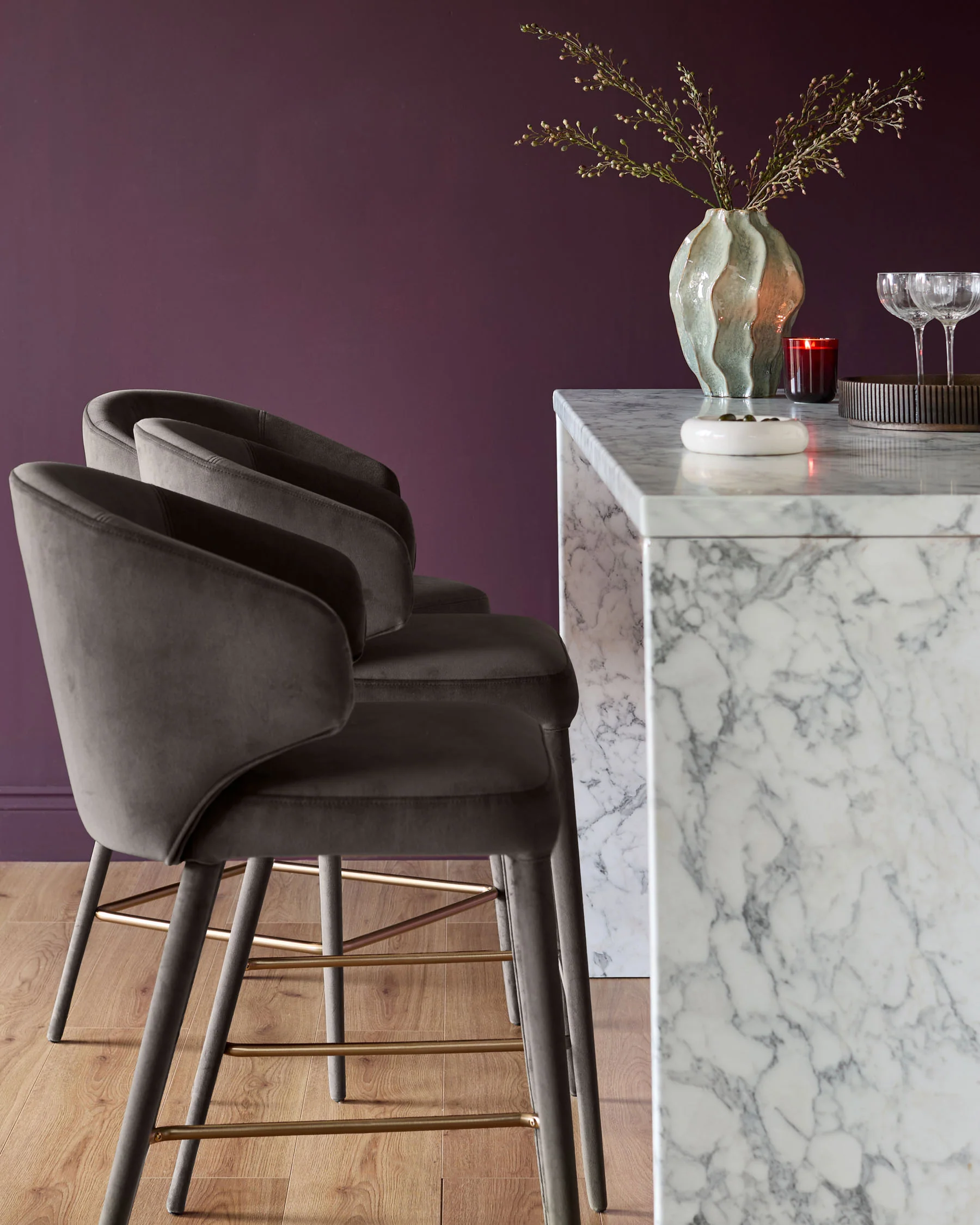 Ethan dark chocolate velvet brushed bronze bar stool - Image 4