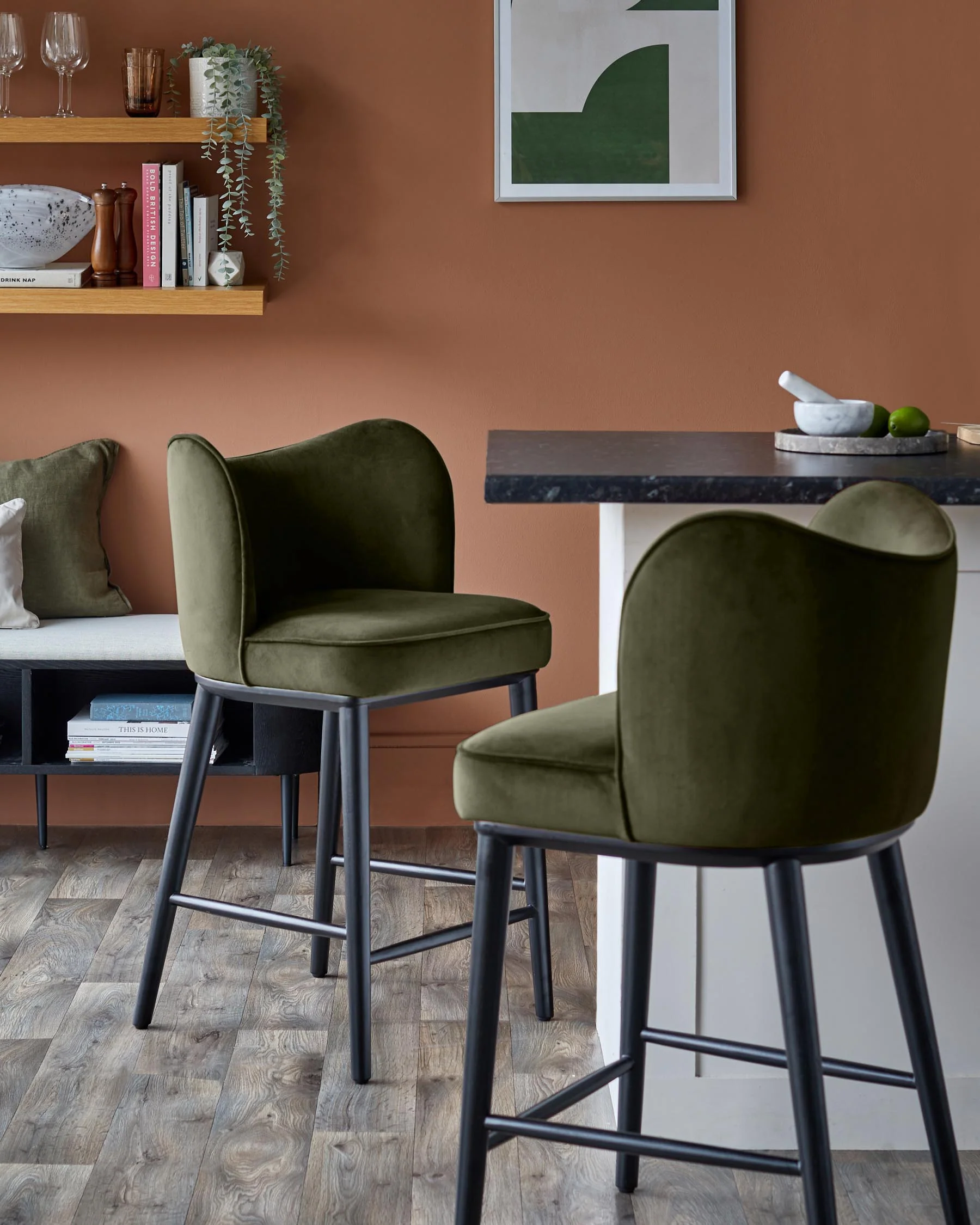 Evelyn olive green velvet bar stool - Image 4