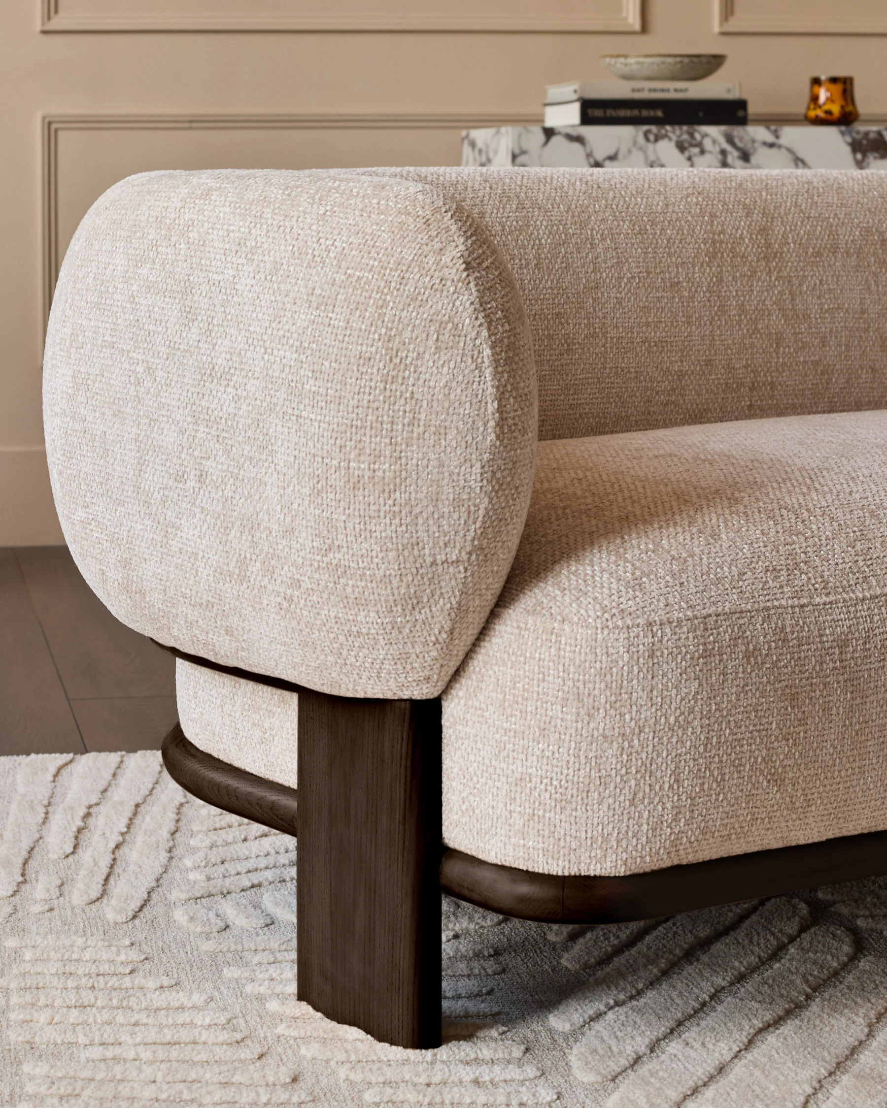 Florence natural fabric with dark wood 2 seater sofa - Image 5