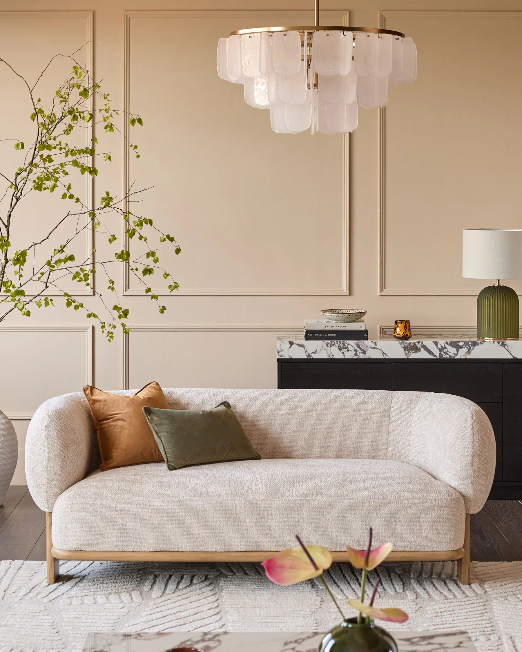 Florence natural fabric with light wood 2 seater sofa