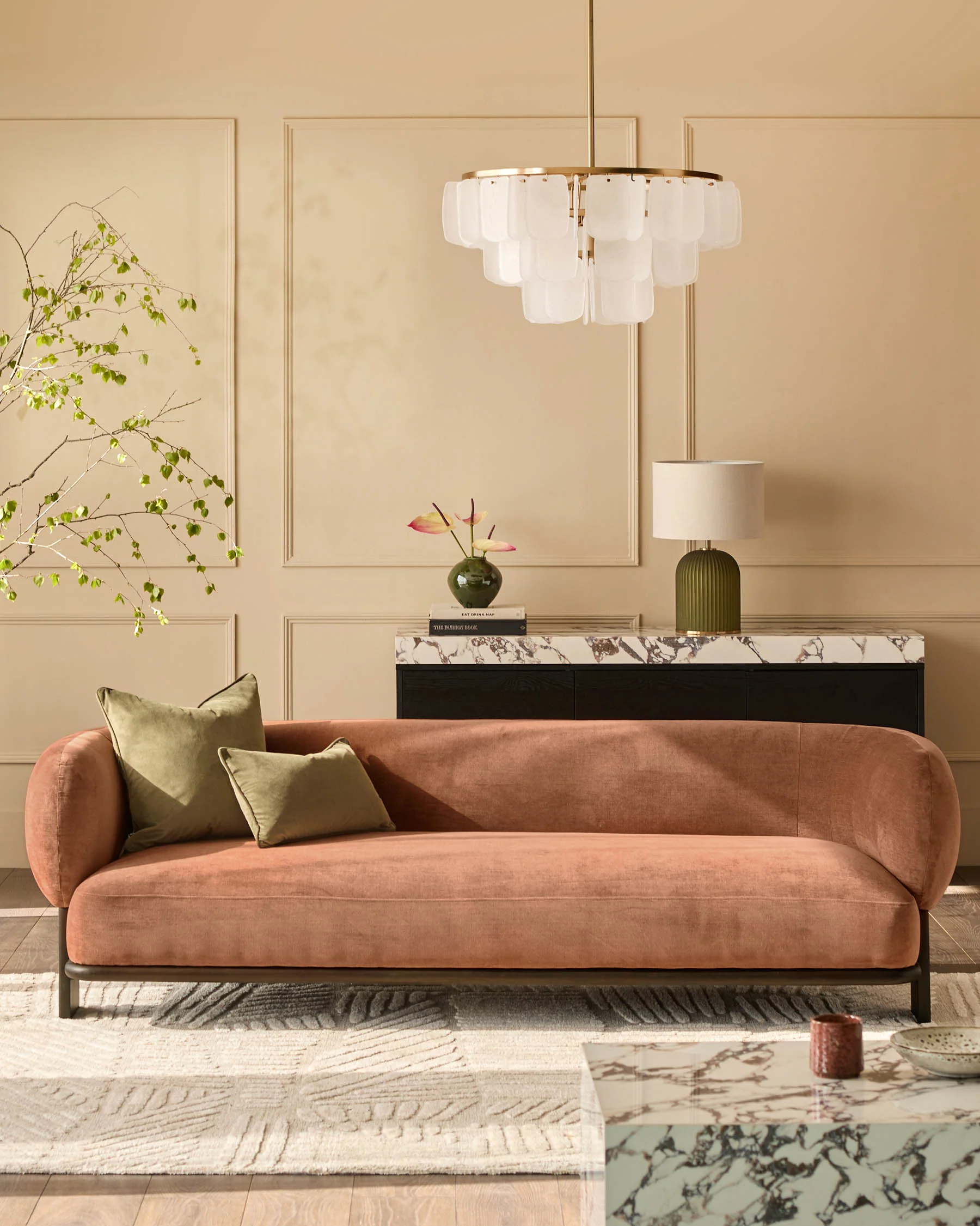Florence apricot chenille with dark wood 3 seater sofa