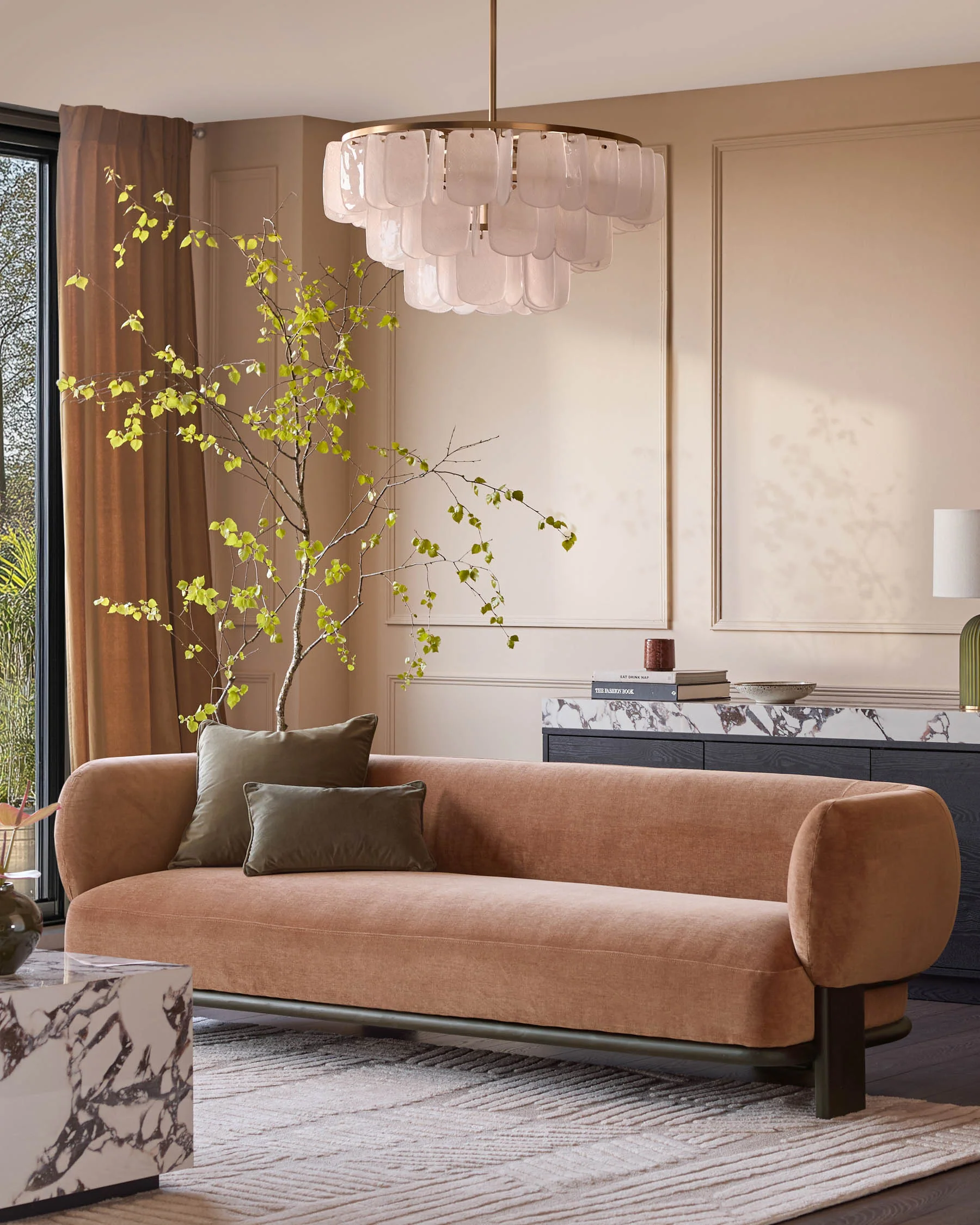 Florence apricot chenille with dark wood 3 seater sofa - Image 2