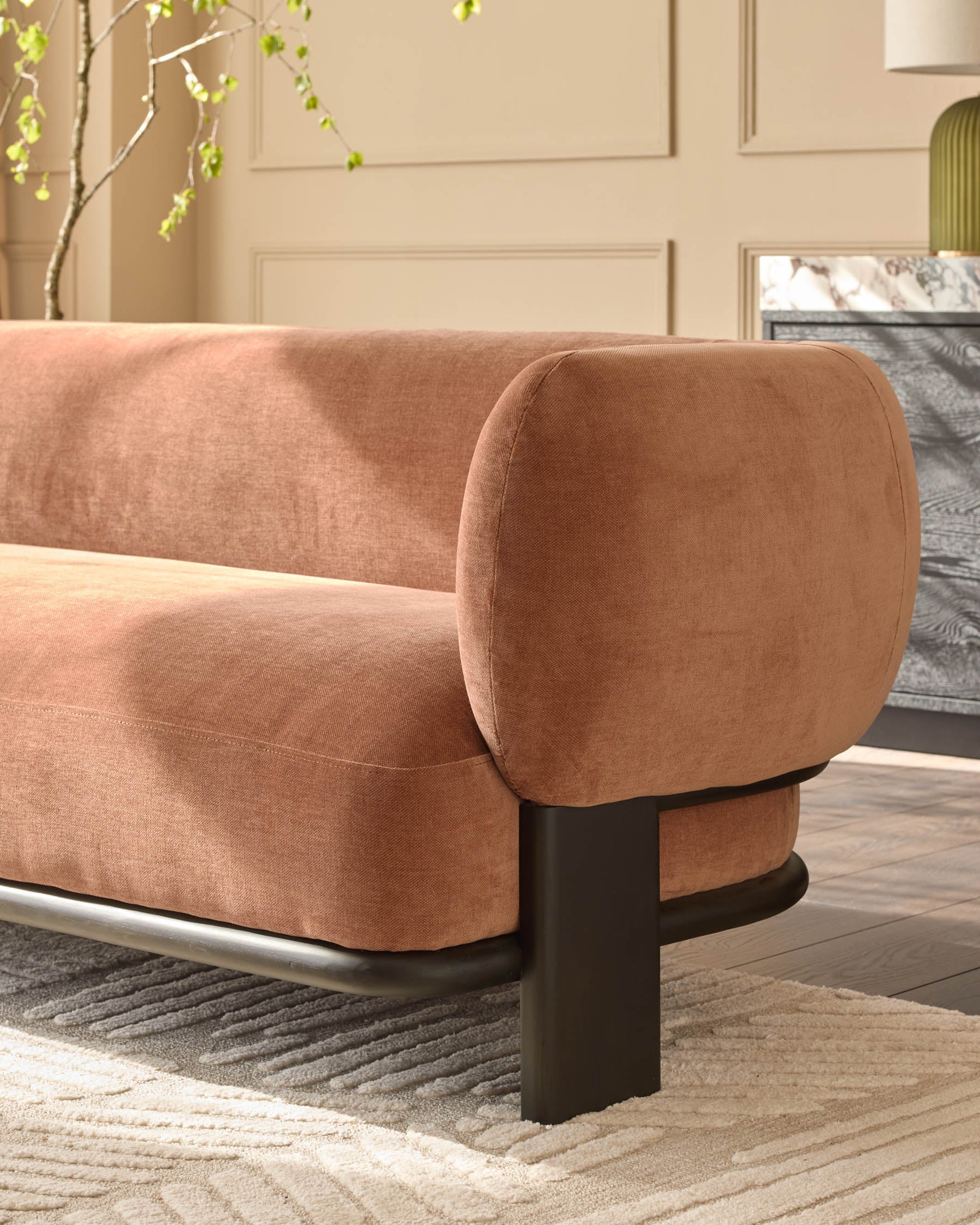 Florence apricot chenille with dark wood 3 seater sofa - Image 5