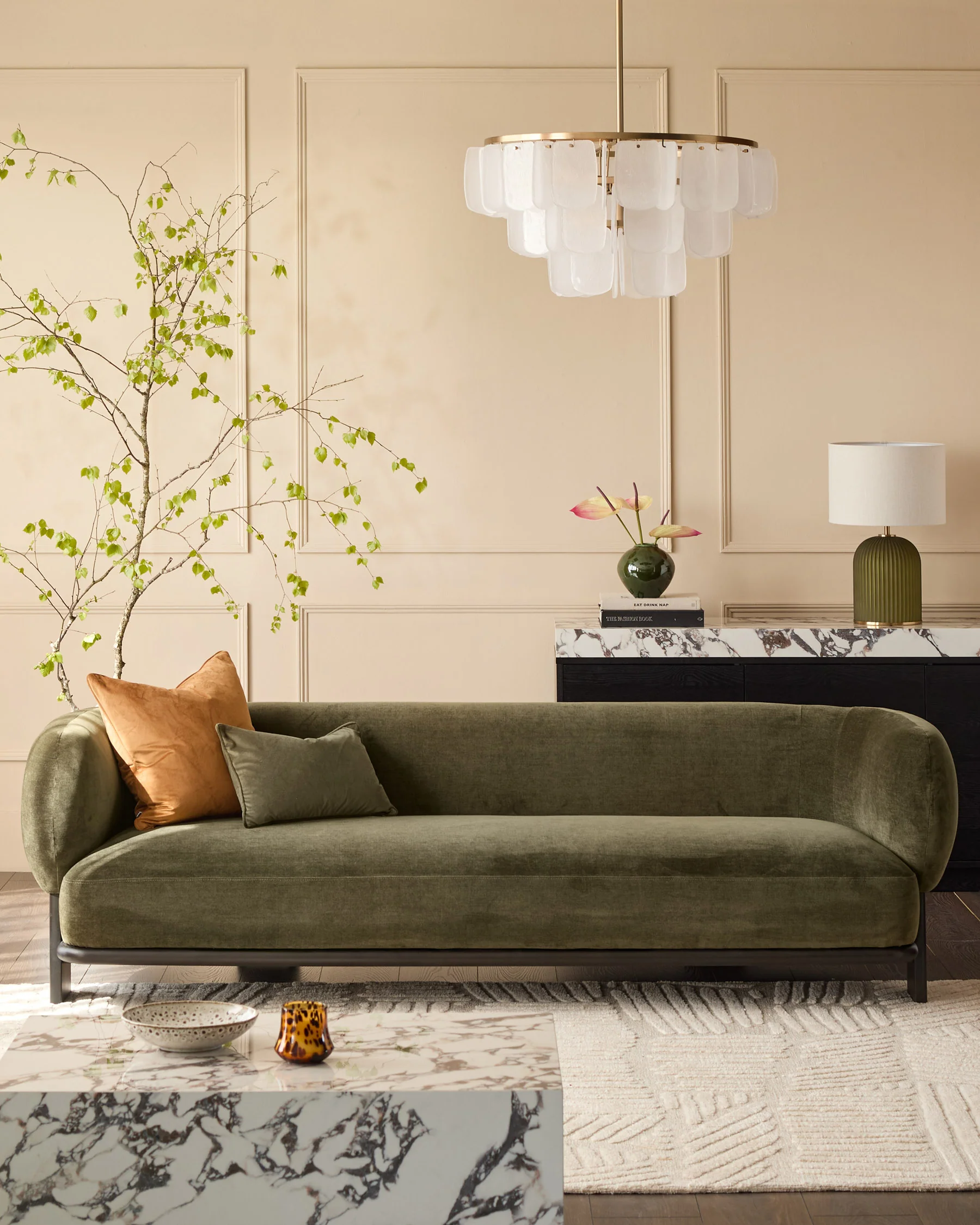Florence olive green chenille with dark wood 3 seater sofa
