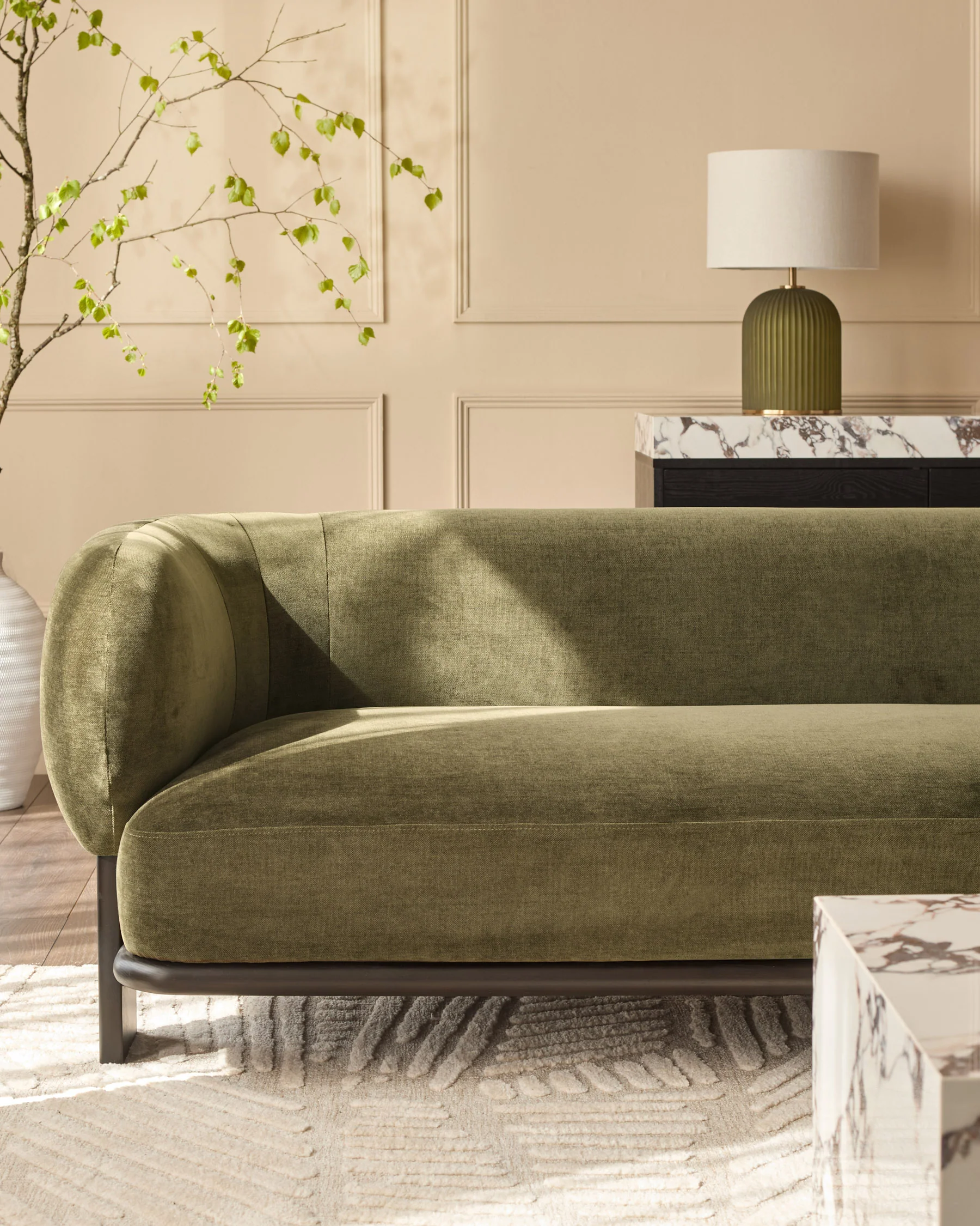 Florence olive green chenille with dark wood 3 seater sofa - Image 4