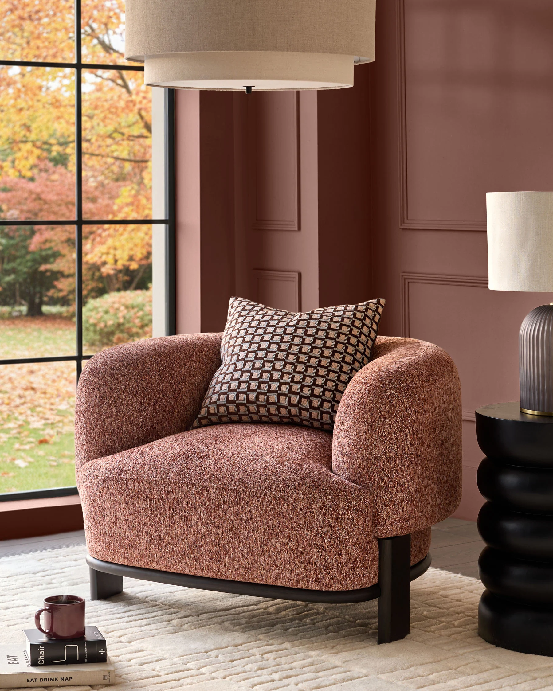 Florence toffee red chenille dark wood armchair - Image 5