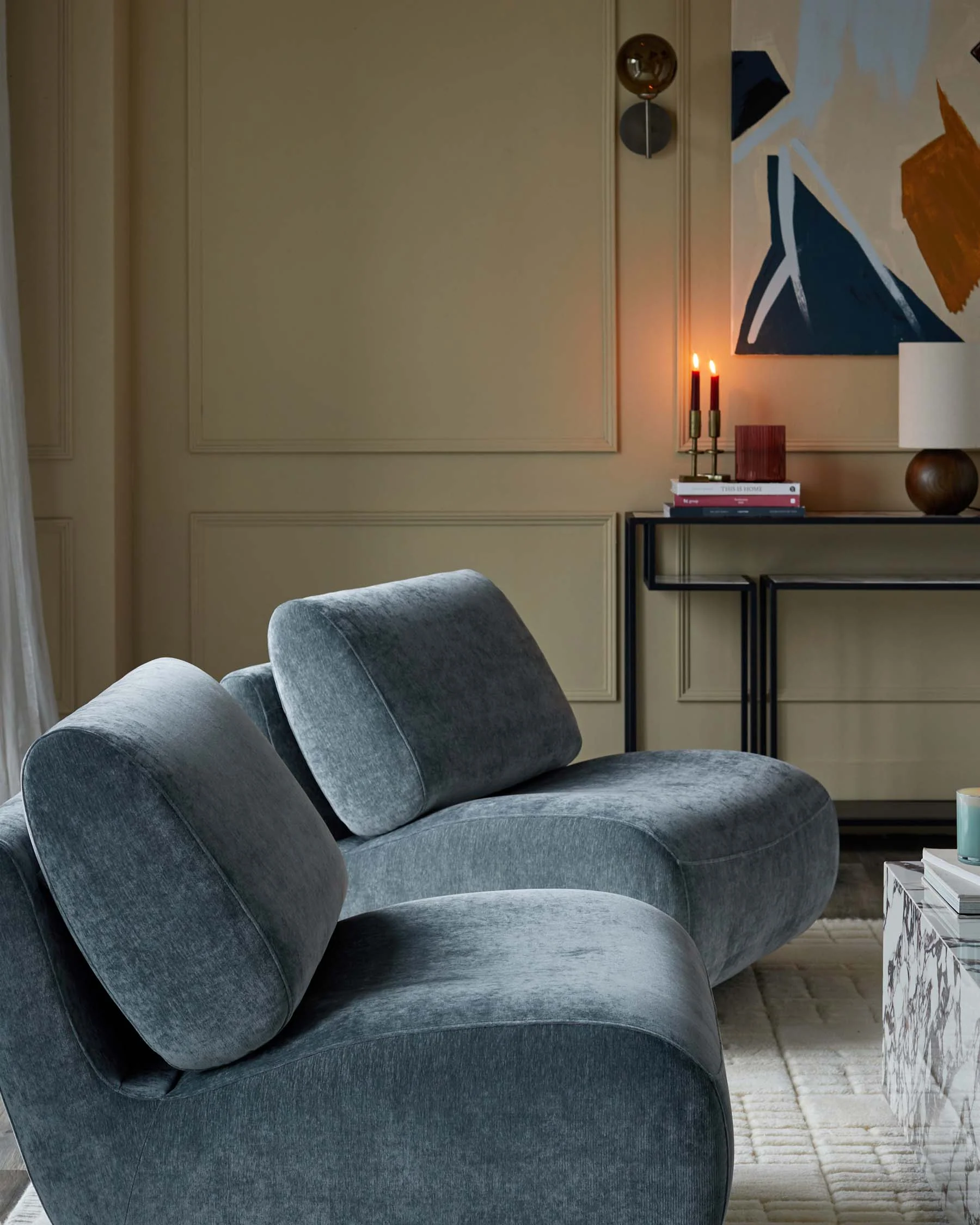 Frances blue grey fabric swivel accent chair - Image 3
