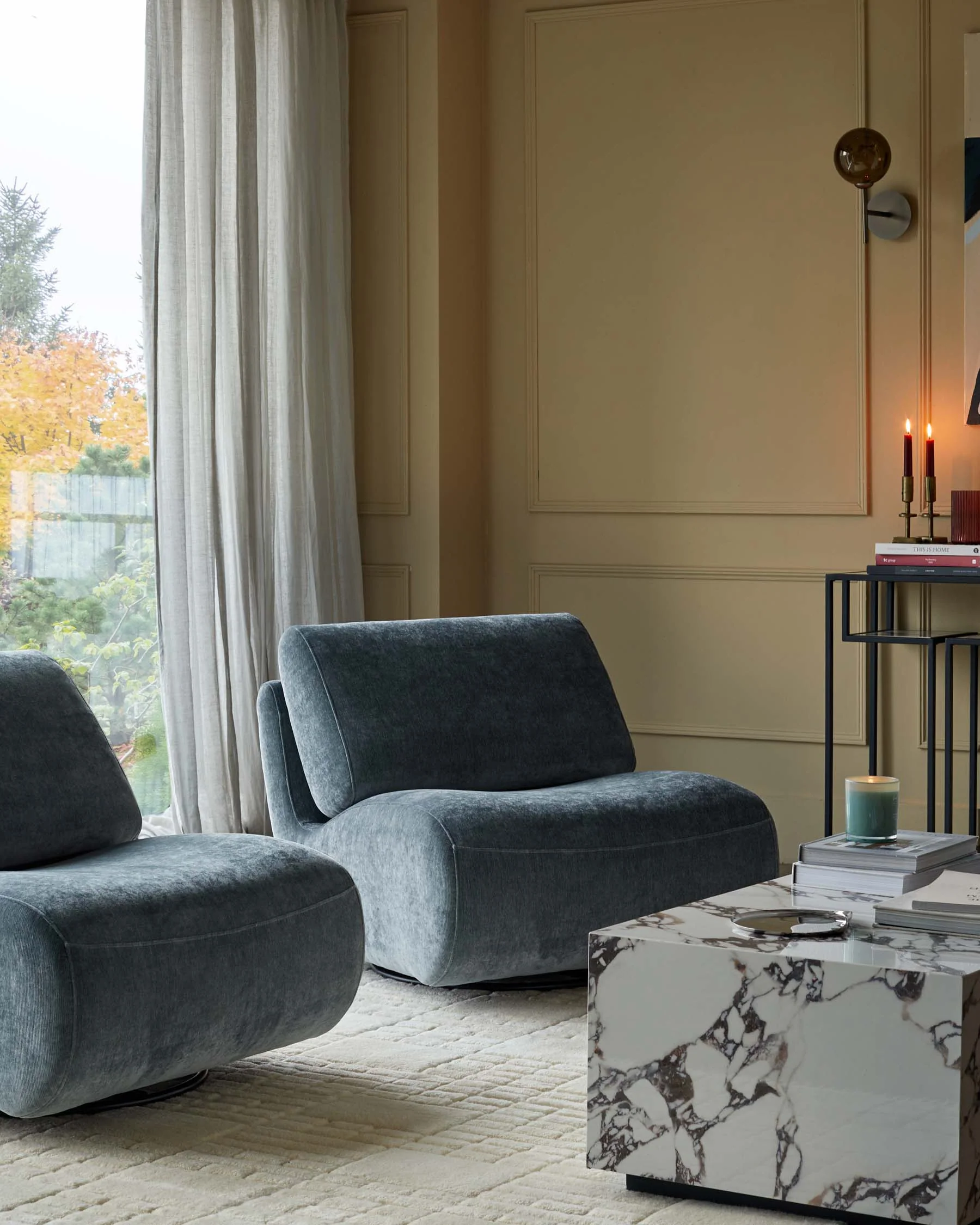 Frances blue grey fabric swivel accent chair - Image 5