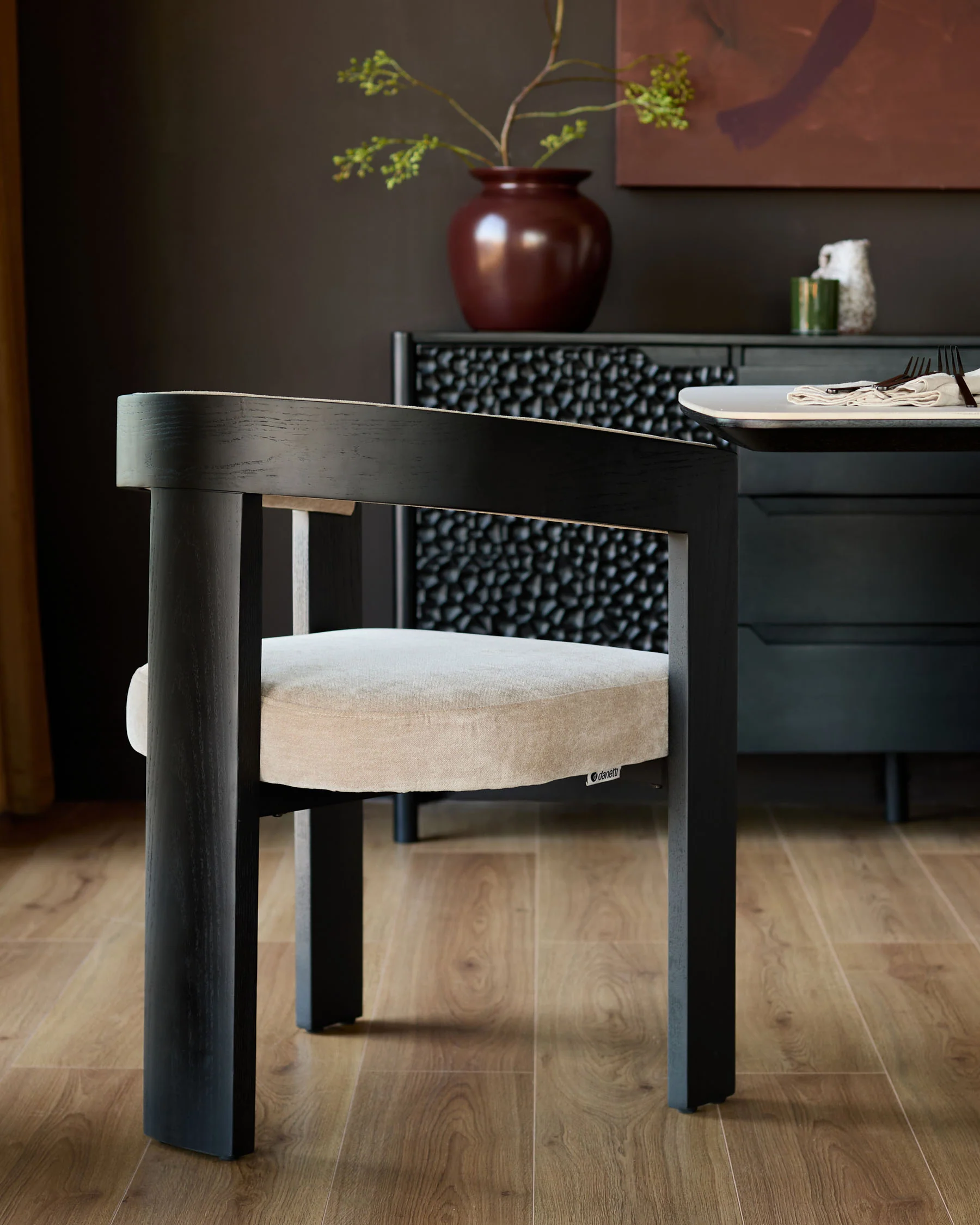 Garcia champagne chenille black wood dining chair - Image 3