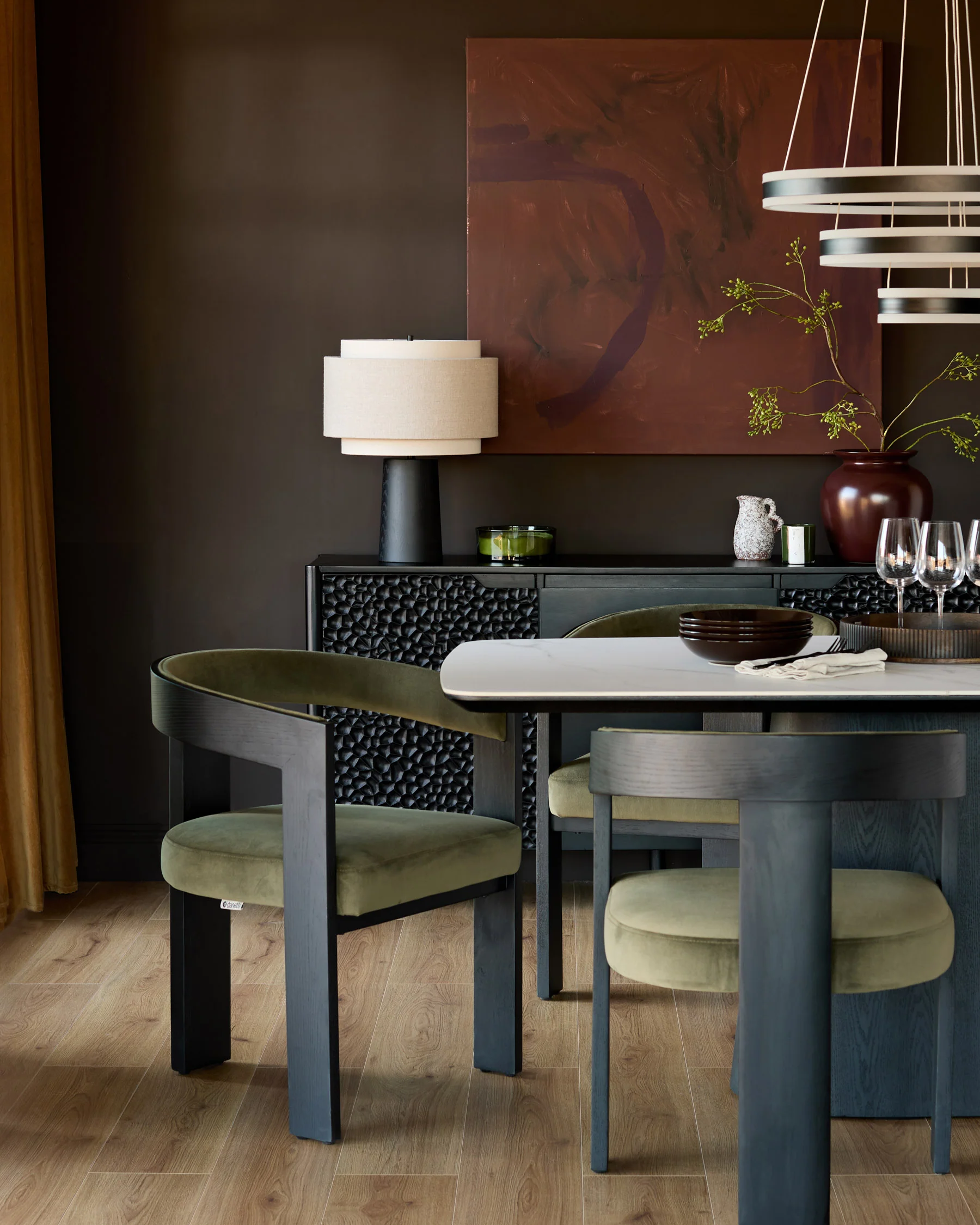 Garcia olive green velvet black wood dining chair - Image 2