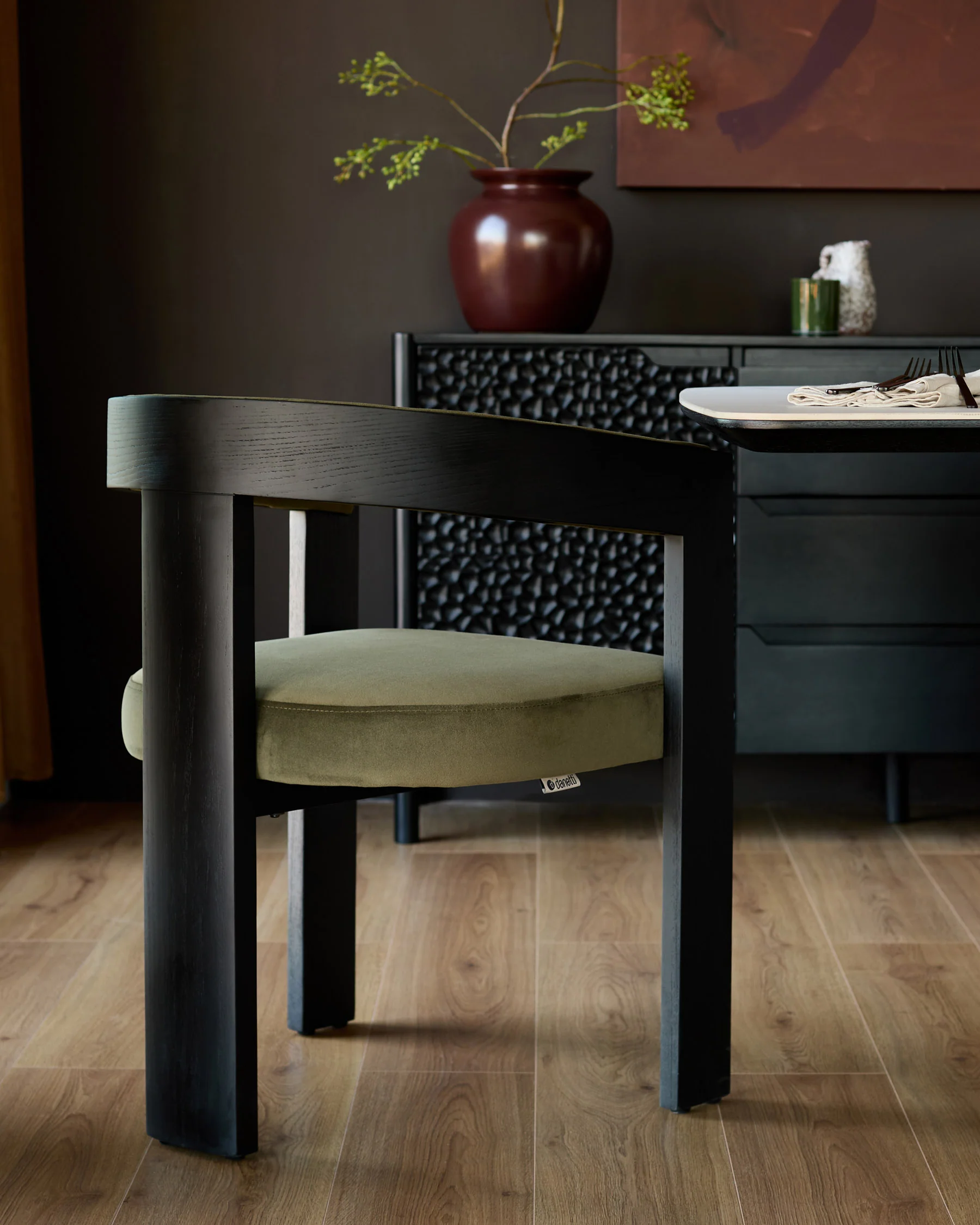 Garcia olive green velvet black wood dining chair - Image 3