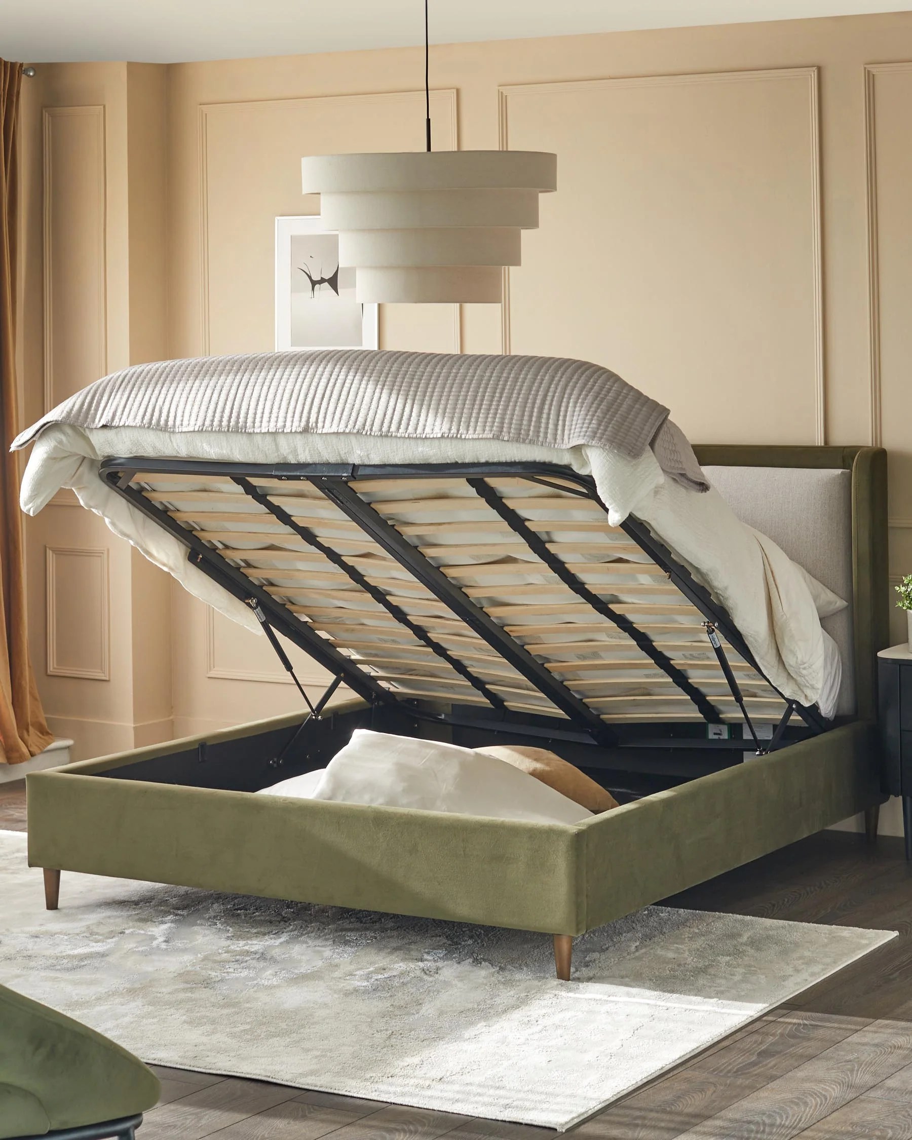 Grove natural fabric and olive green velvet double ottoman storage bed - Image 3