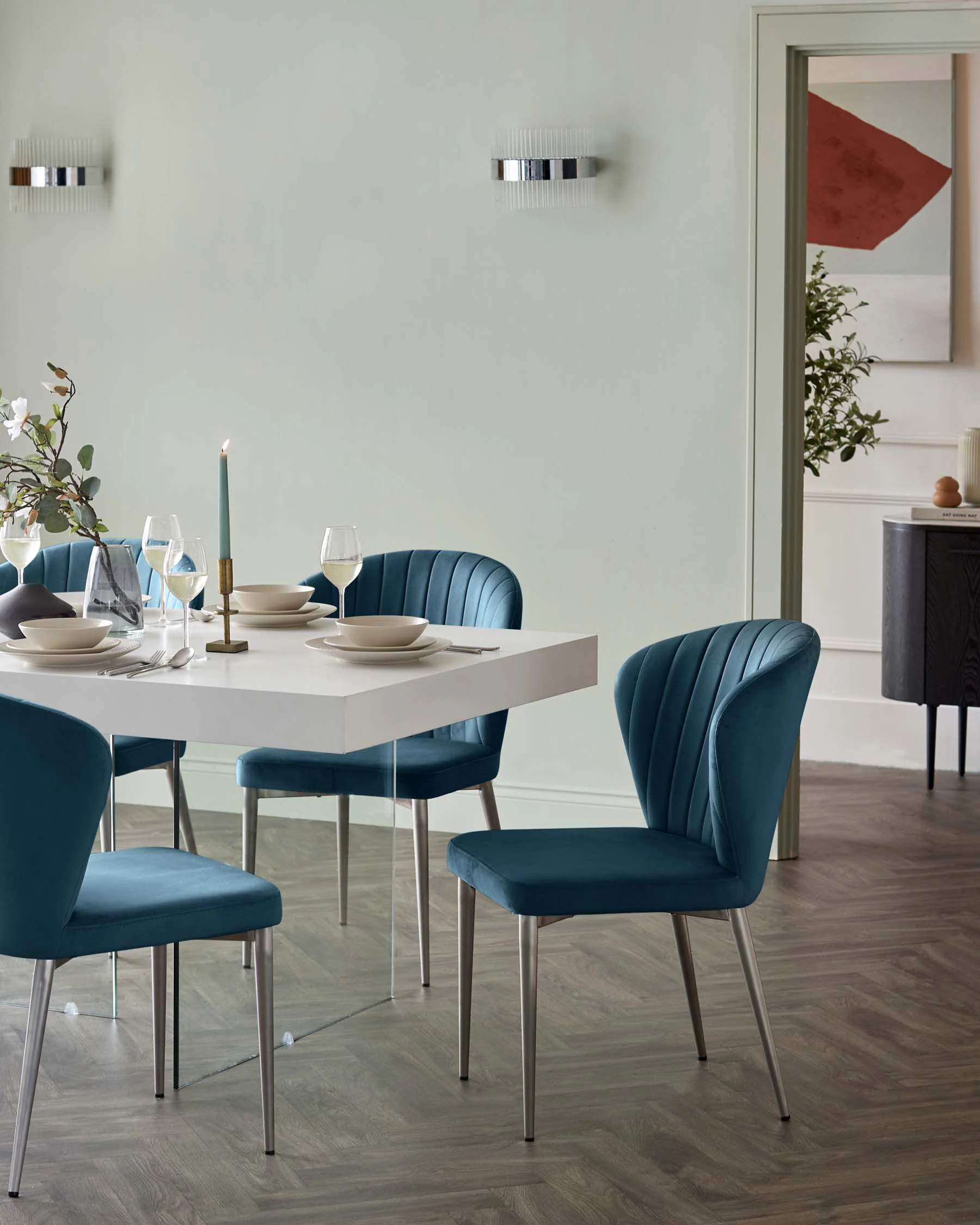 Harper Dark Blue Plush Velvet Stainless Steel Dining Chair - Image 5
