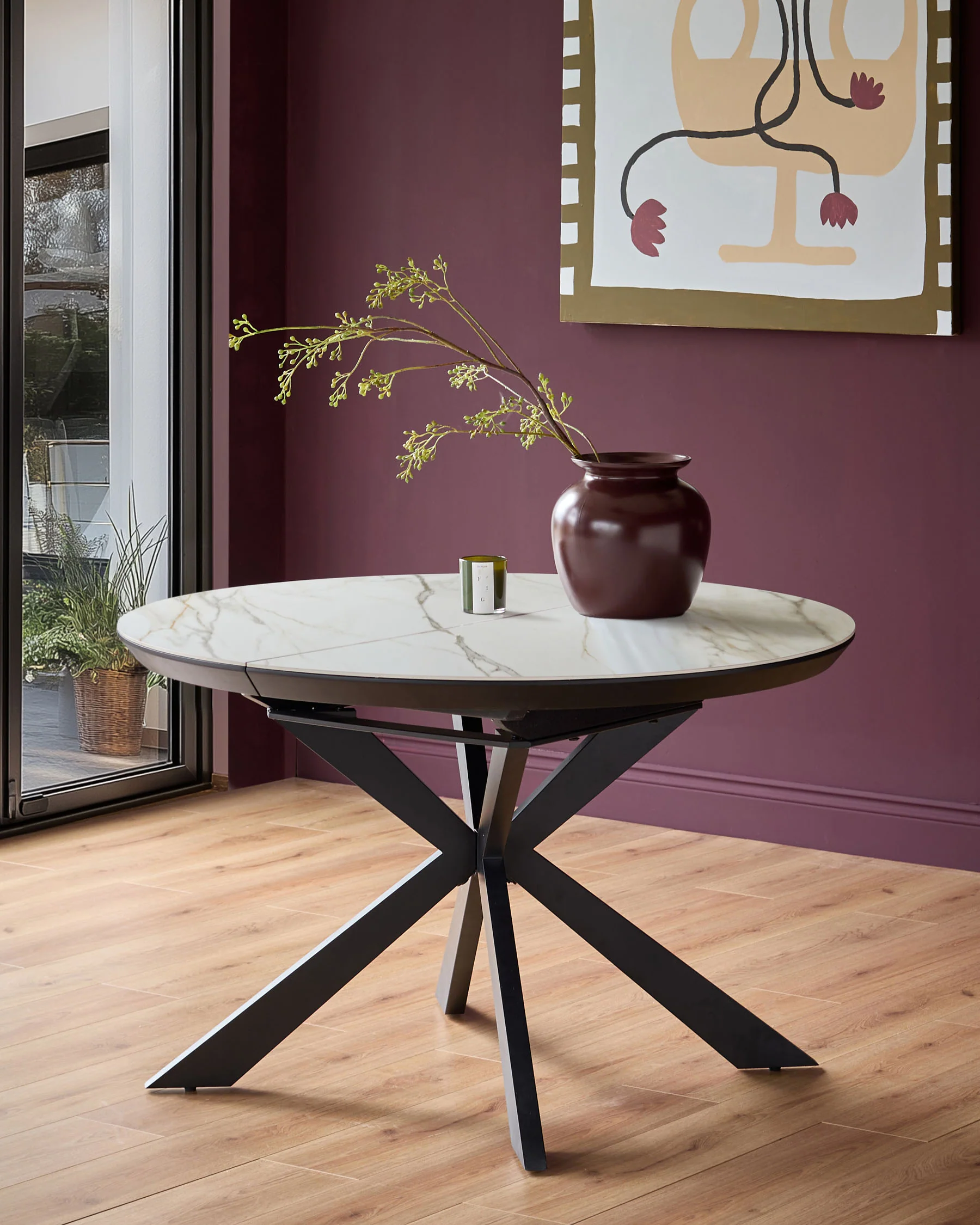 Hayden natural ceramic 4-6 extending round dining table - Image 2