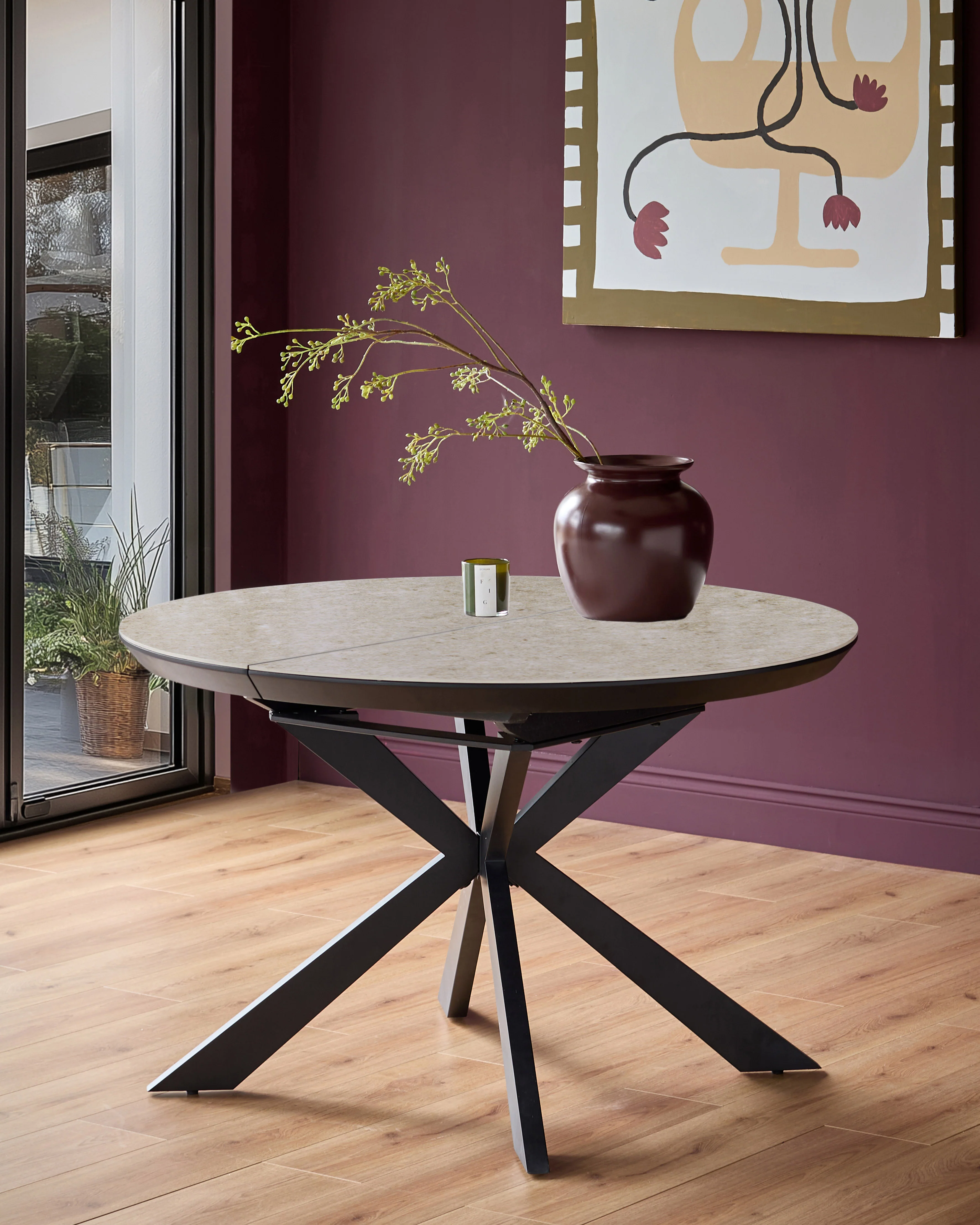 Hayden natural travertine ceramic 4-6 extending round dining table - Image 2