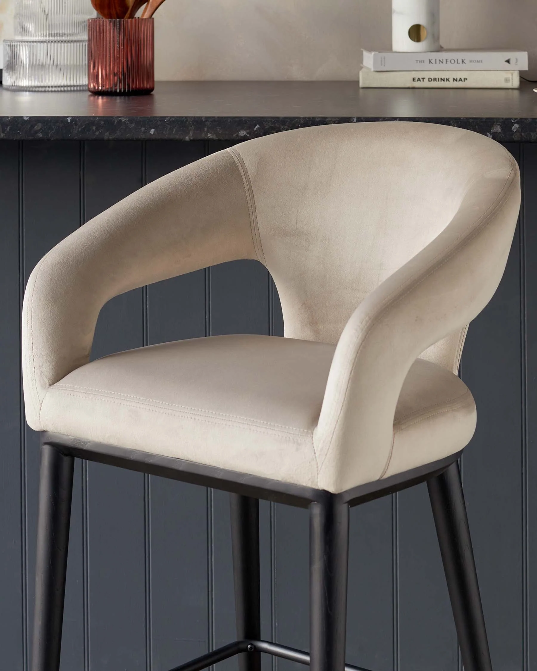 Heath Champagne Plush Velvet Black Wood Bar Stool - Image 4