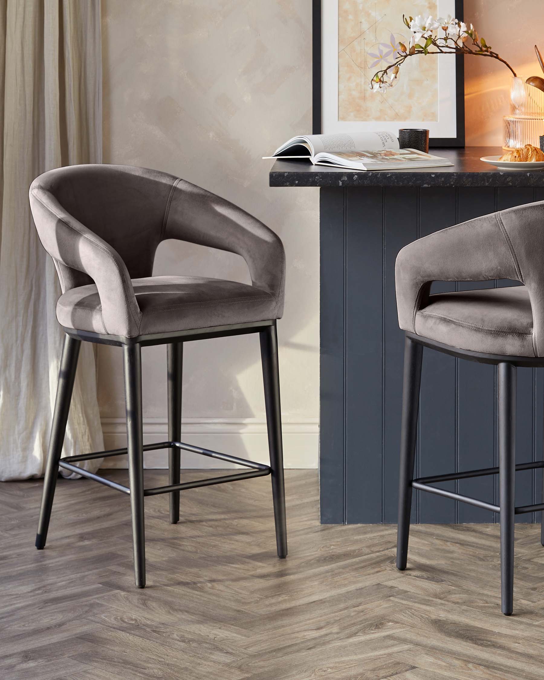 Heath Mocha Plush Velvet Black Wood Bar Stool - Image 2