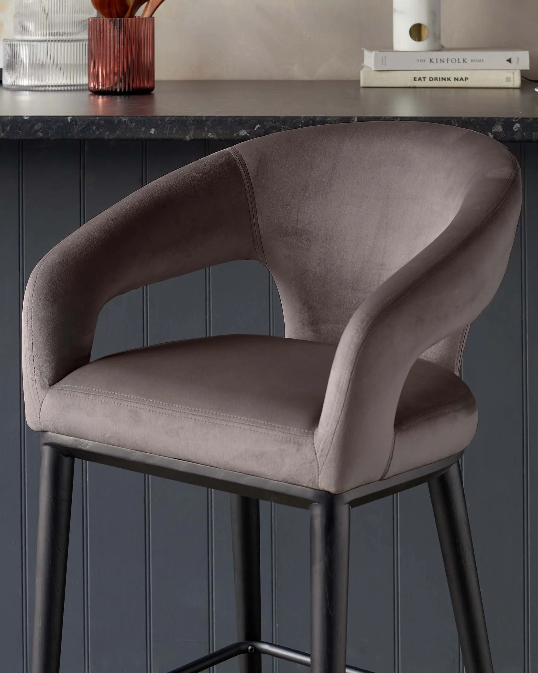 Heath Mocha Plush Velvet Black Wood Bar Stool - Image 4
